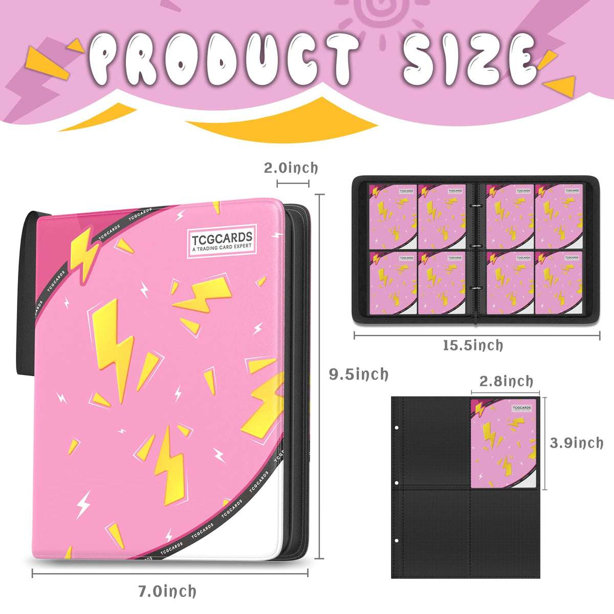 Yifan Trading Card Binder 4-Pocket – 400 Cards, 50 Sleeves, 3-Ring Zip (Pink)
