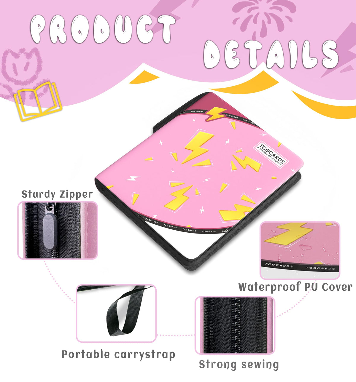 Yifan Trading Card Binder 4-Pocket – 400 Cards, 50 Sleeves, 3-Ring Zip (Pink)