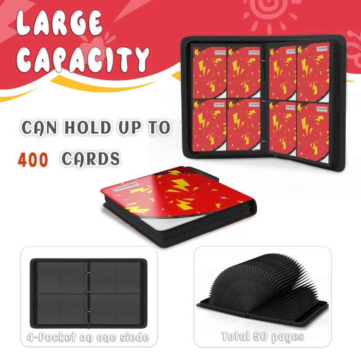 Yifan Trading Card Binder 4-Pocket, 400-Card Capacity, 3-Ring Zip – Red