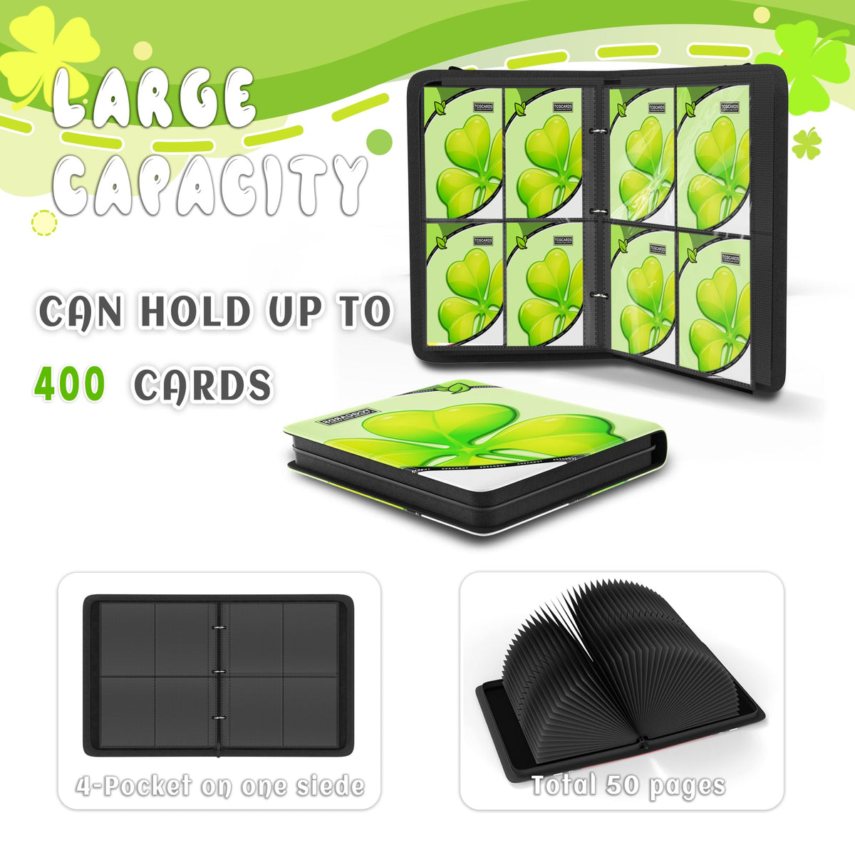 Yifan 4-Pocket Trading Card Binder – 400 Cards, 50 Removable Sleeves, 3-Ring Zip