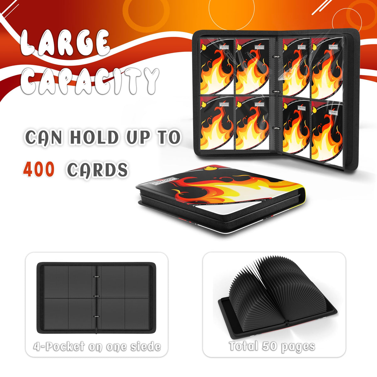 Yifan Trading Card Binder 4-Pocket, 400-Card Capacity, 3-Ring Zip Design, Waterproof PU Leather