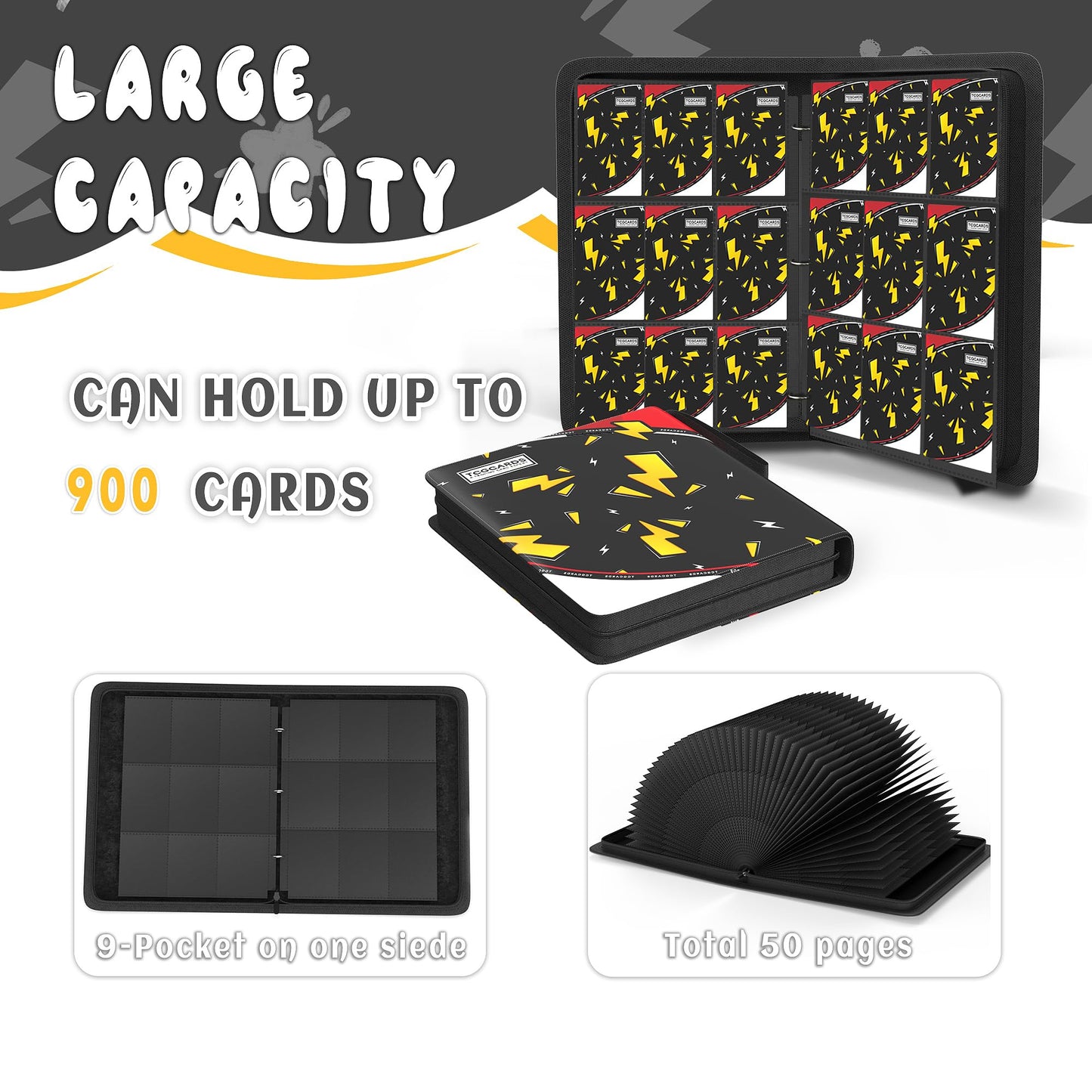 Yifan Trading Card Binder 9 Pocket – 900 Card Capacity, 3-Ring Zip, 50 Removable Sleeves
