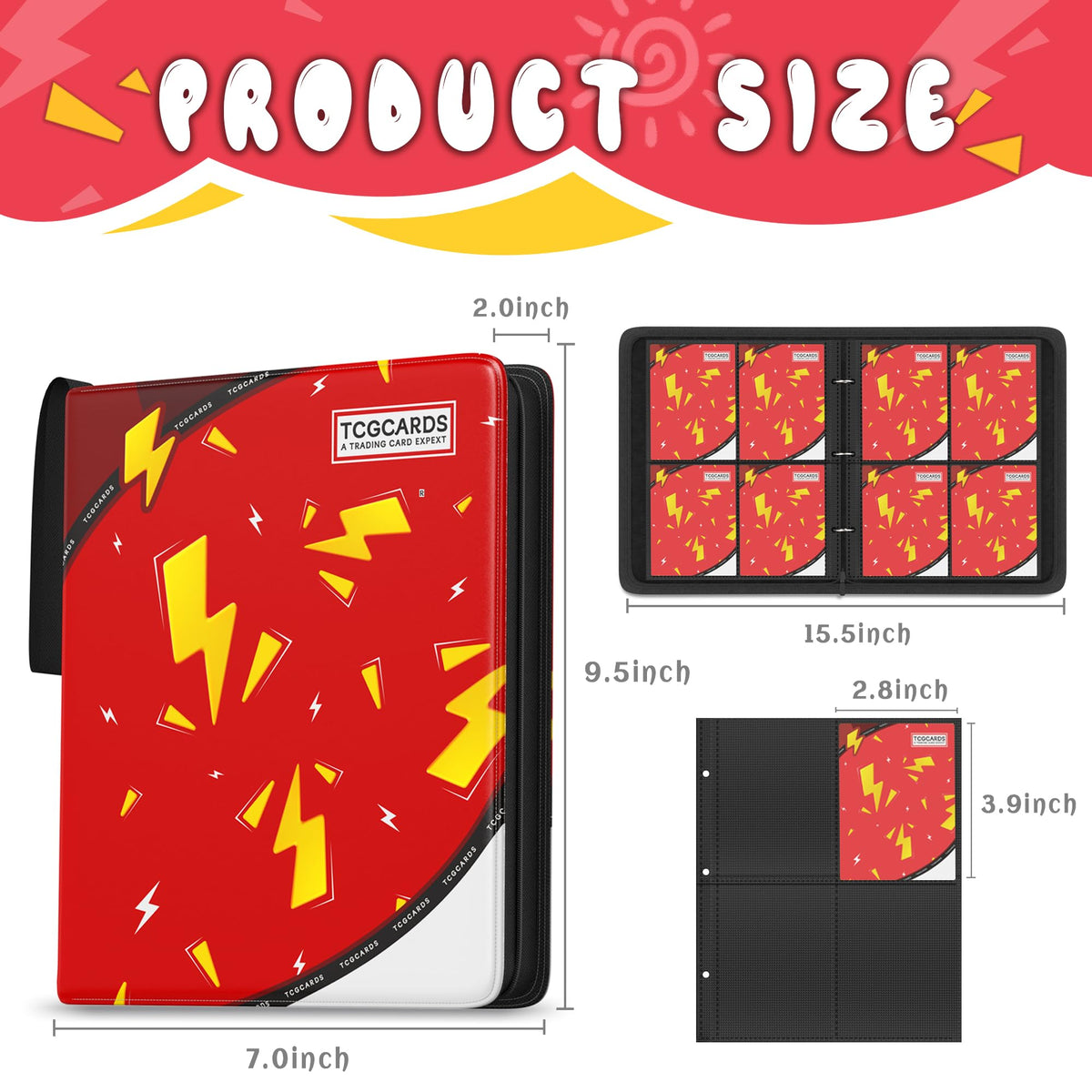 Yifan Trading Card Binder 4-Pocket, 400-Card Capacity, 3-Ring Zip – Red