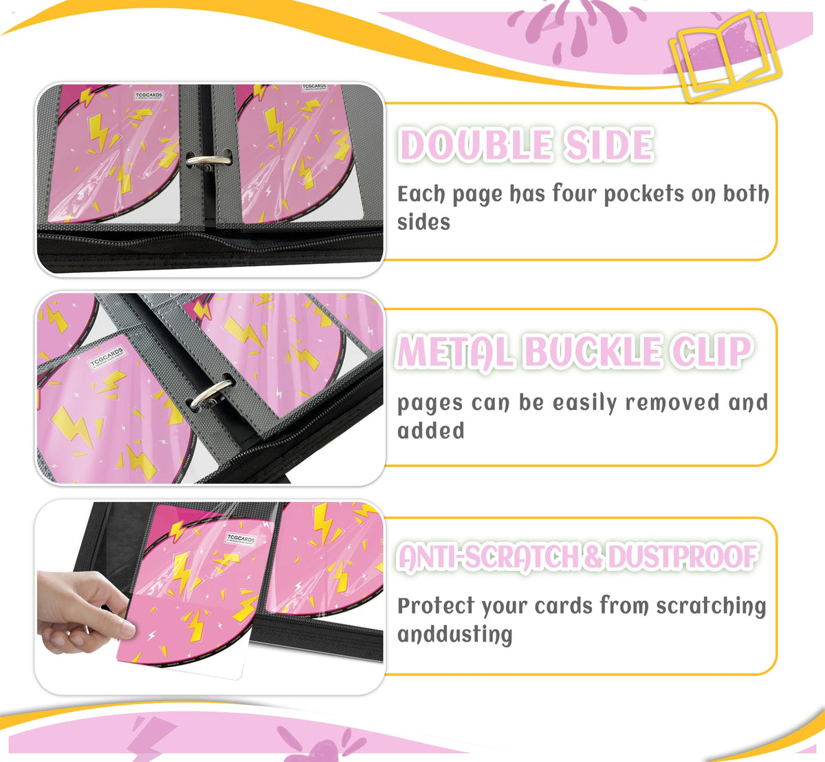 Yifan Trading Card Binder 4-Pocket – 400 Cards, 50 Sleeves, 3-Ring Zip (Pink)