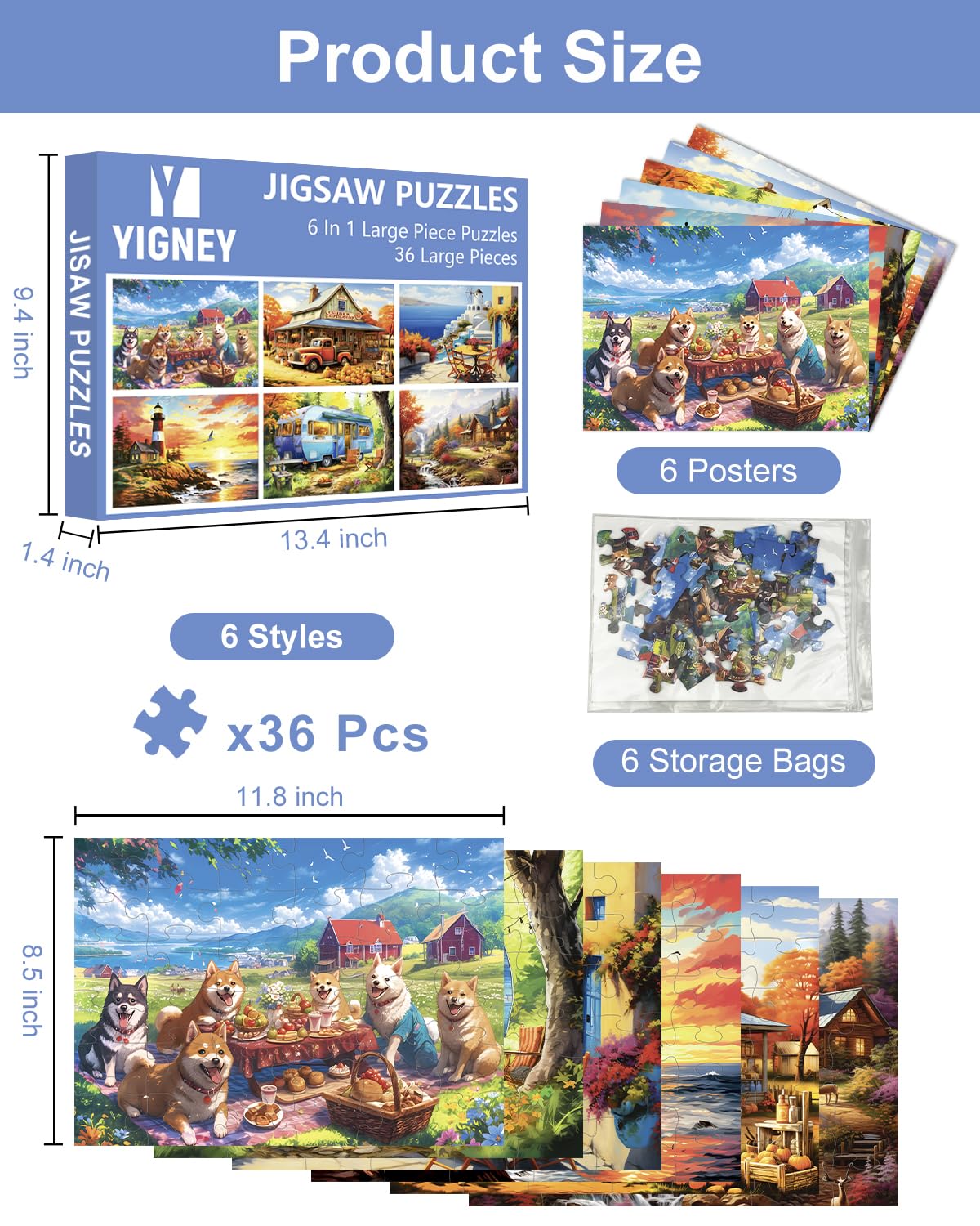 Yigney 6 Pack 36 Large Piece Puzzles for Seniors – Easy Grip Memory Games