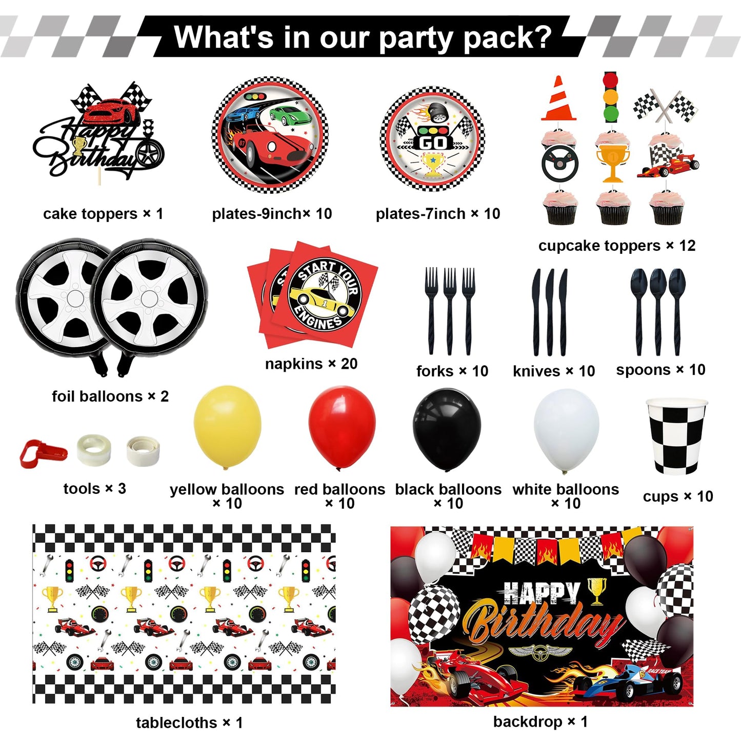YIGZAG Race Car Birthday Party Decorations – 140-Piece Set with Backdrop, Balloons & Tableware