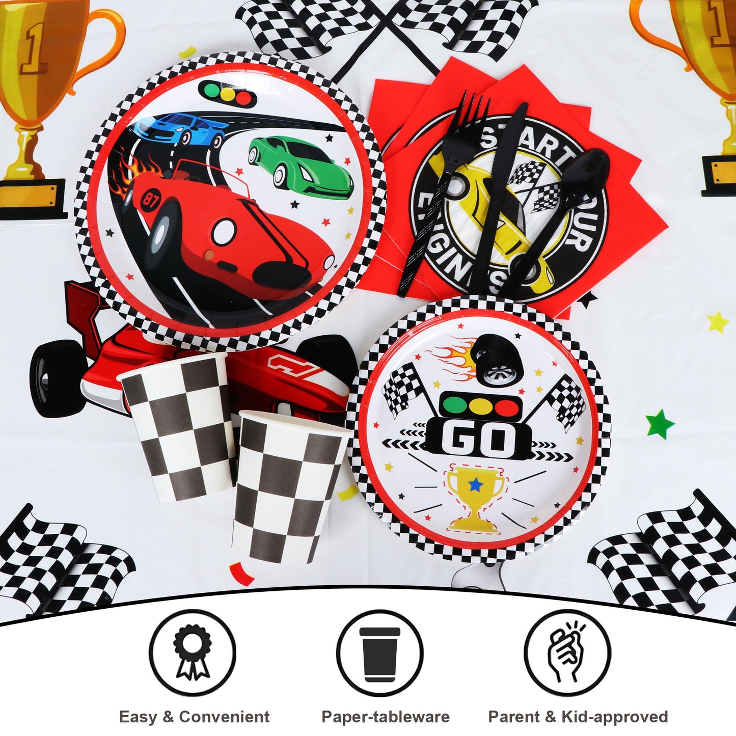 YIGZAG Race Car Birthday Party Decorations – 140-Piece Set with Backdrop, Balloons & Tableware