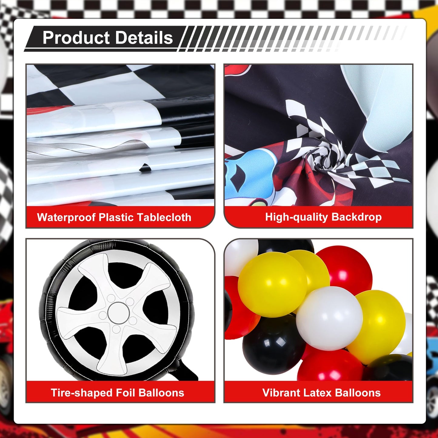 YIGZAG Race Car Birthday Party Decorations – 140-Piece Set with Backdrop, Balloons & Tableware