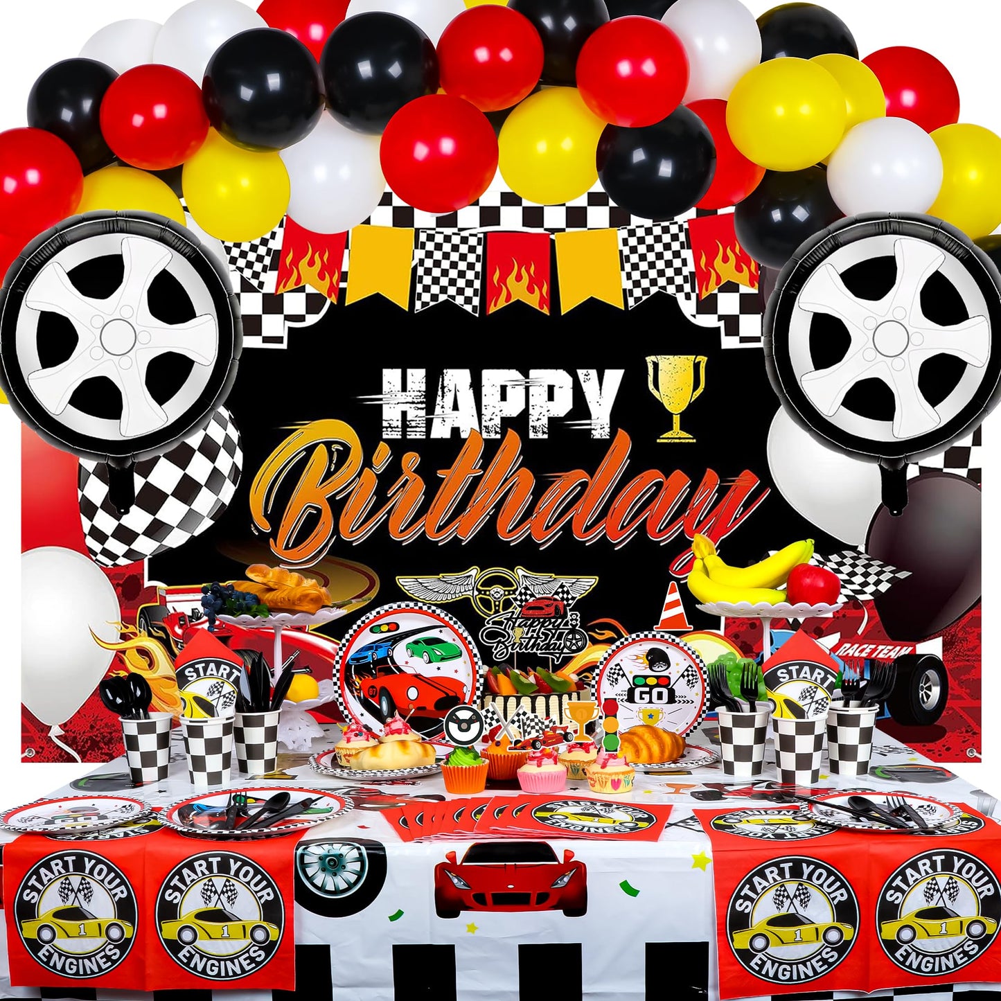 YIGZAG Race Car Birthday Party Decorations – 140-Piece Set with Backdrop, Balloons & Tableware