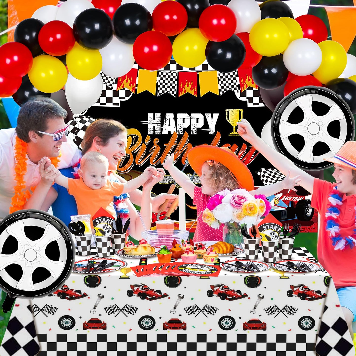 YIGZAG Race Car Birthday Party Decorations – 140-Piece Set with Backdrop, Balloons & Tableware