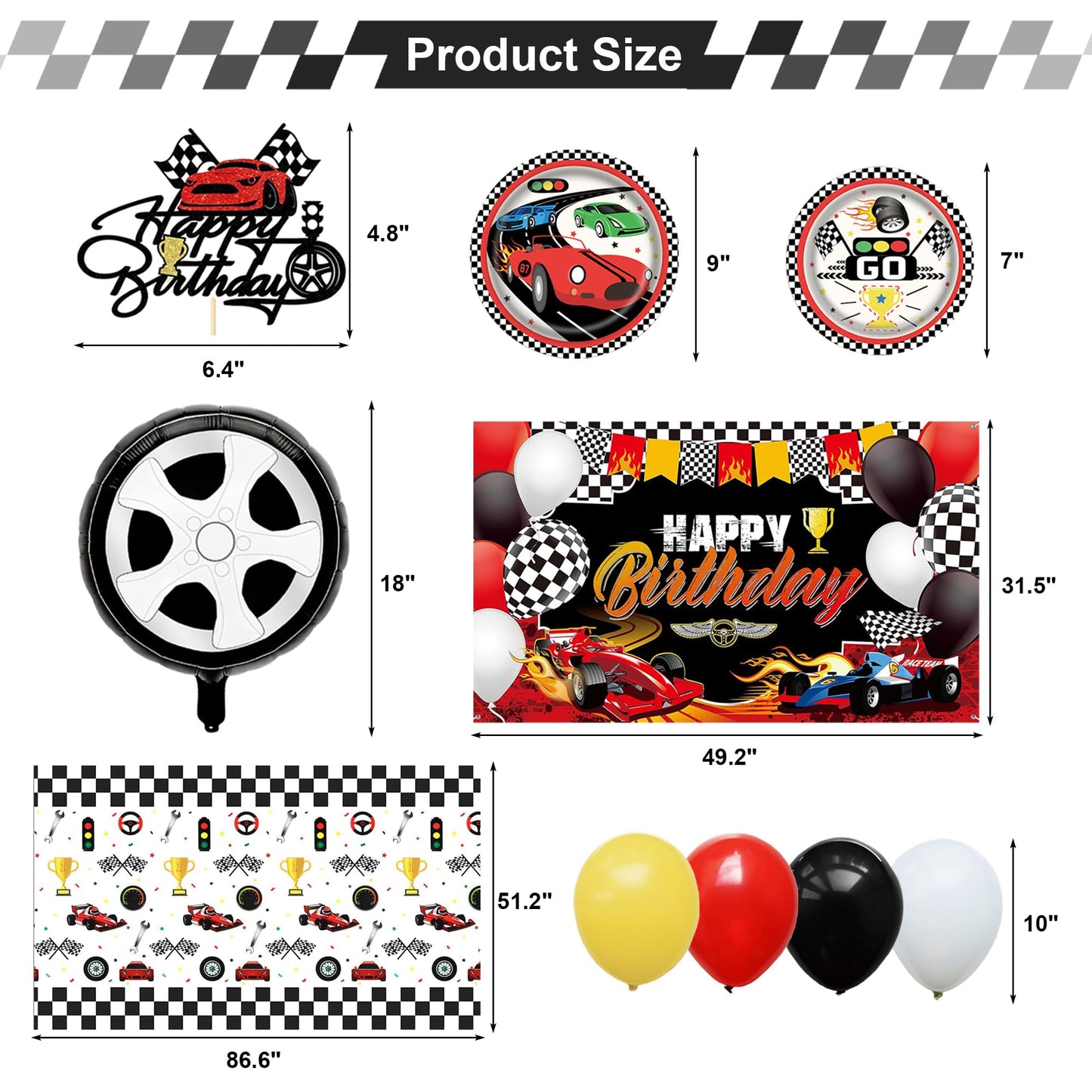 YIGZAG Race Car Birthday Party Decorations – 140-Piece Set with Backdrop, Balloons & Tableware