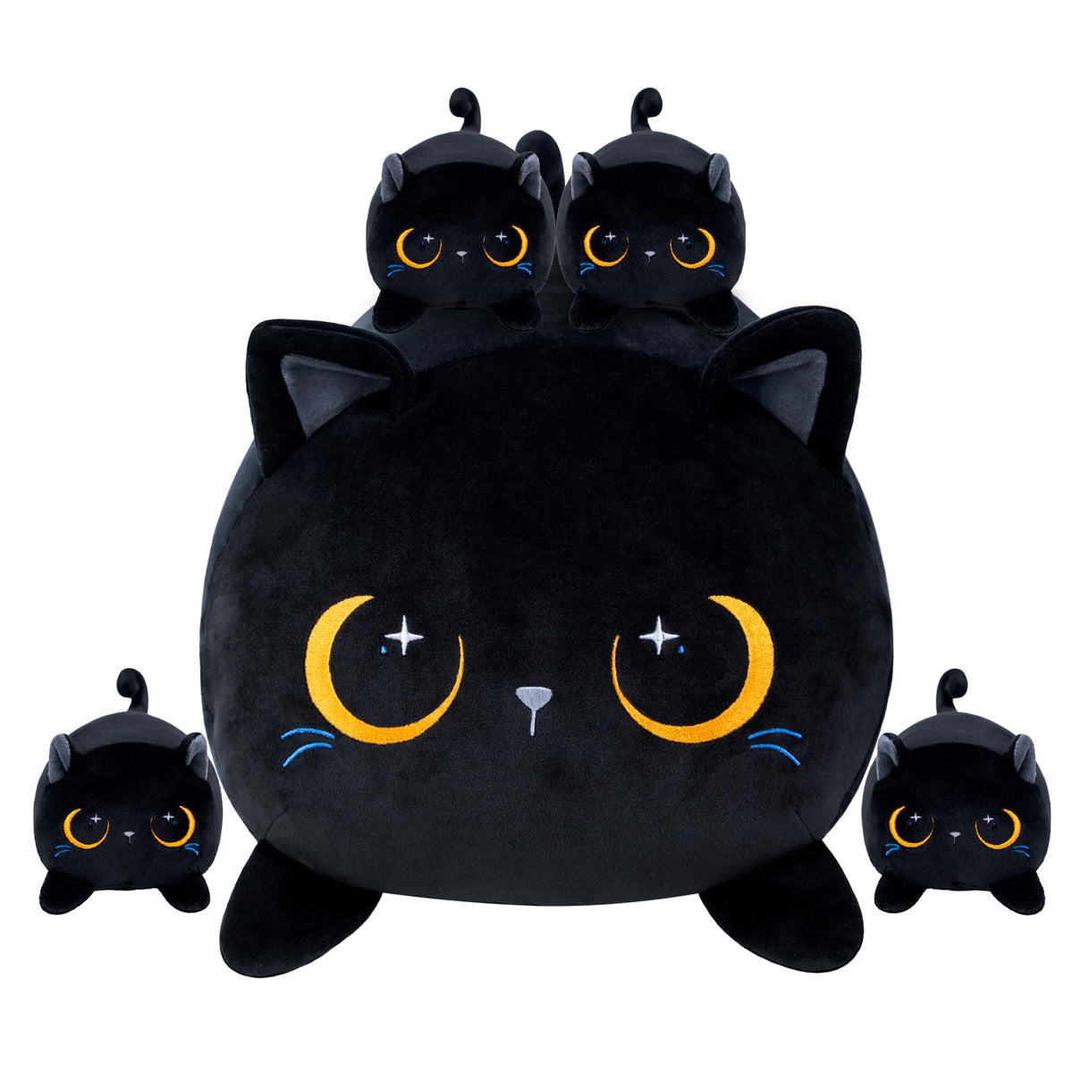 YIIQUWEN Black Cat Plush – Cat Family with Four Kittens, Gift for Kids