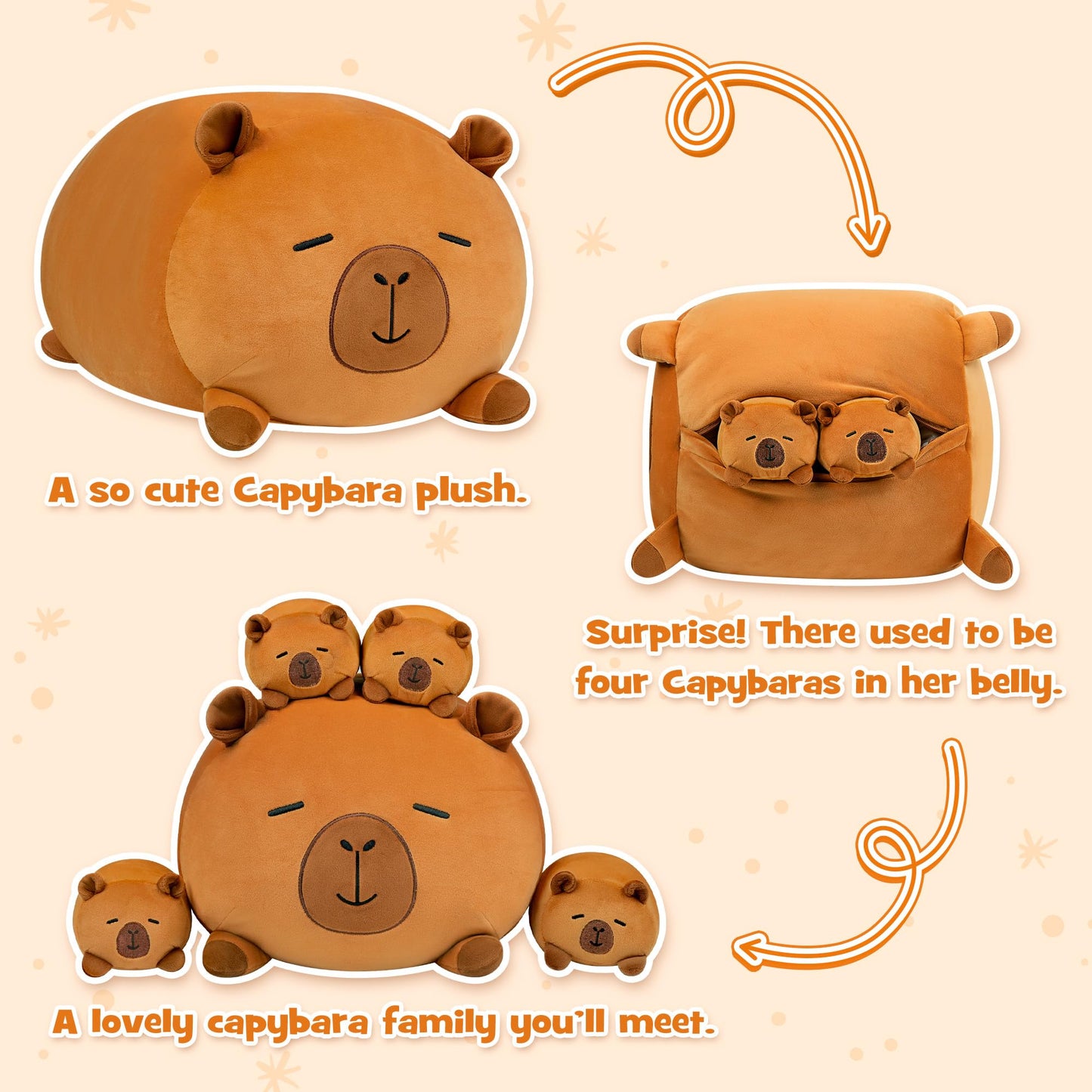 YIIQUWEN Capybara Plush Family Set — Soft Stuffed Animal Pillow Toy with 4 Baby Capybaras