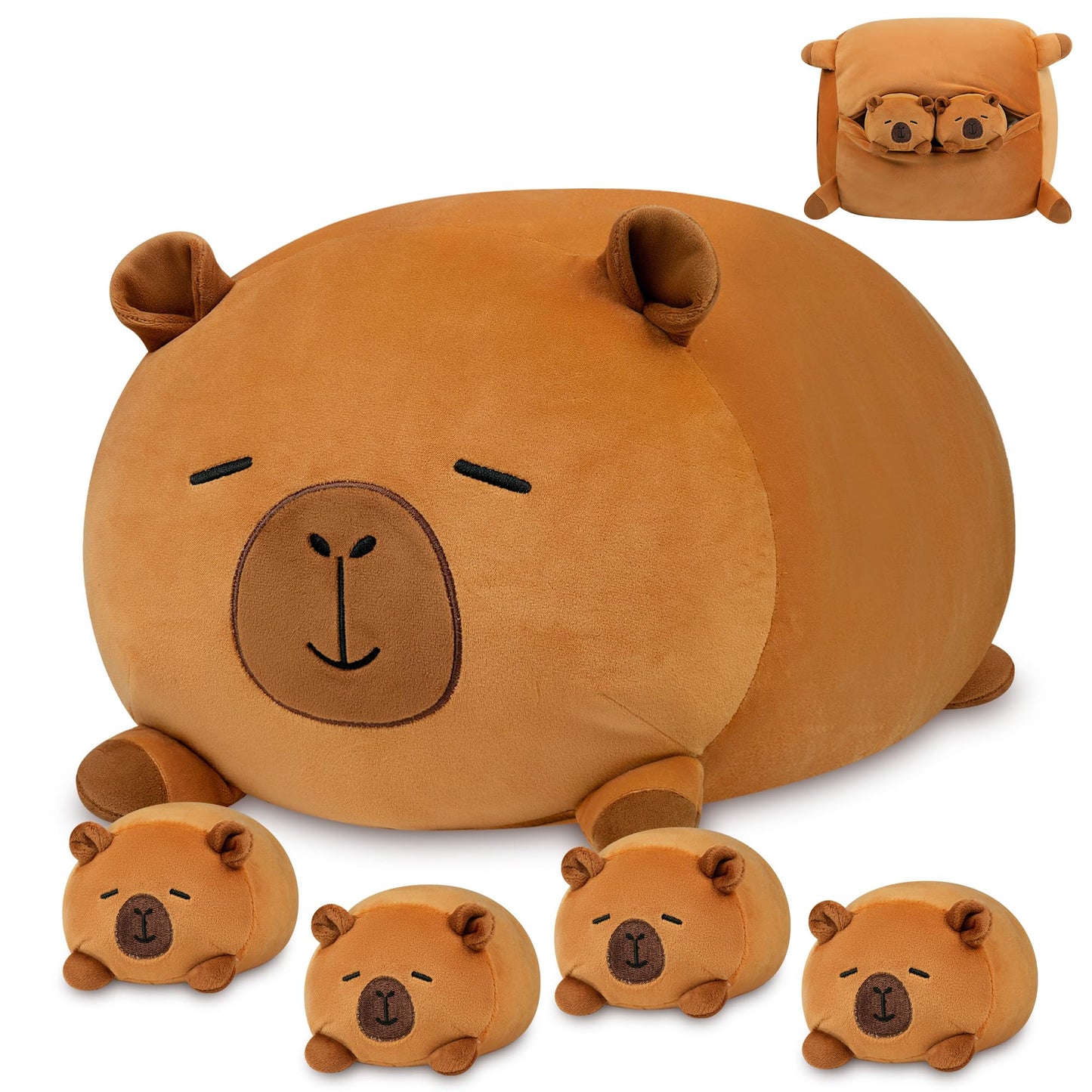 YIIQUWEN Capybara Plush Family Set — Soft Stuffed Animal Pillow Toy with 4 Baby Capybaras