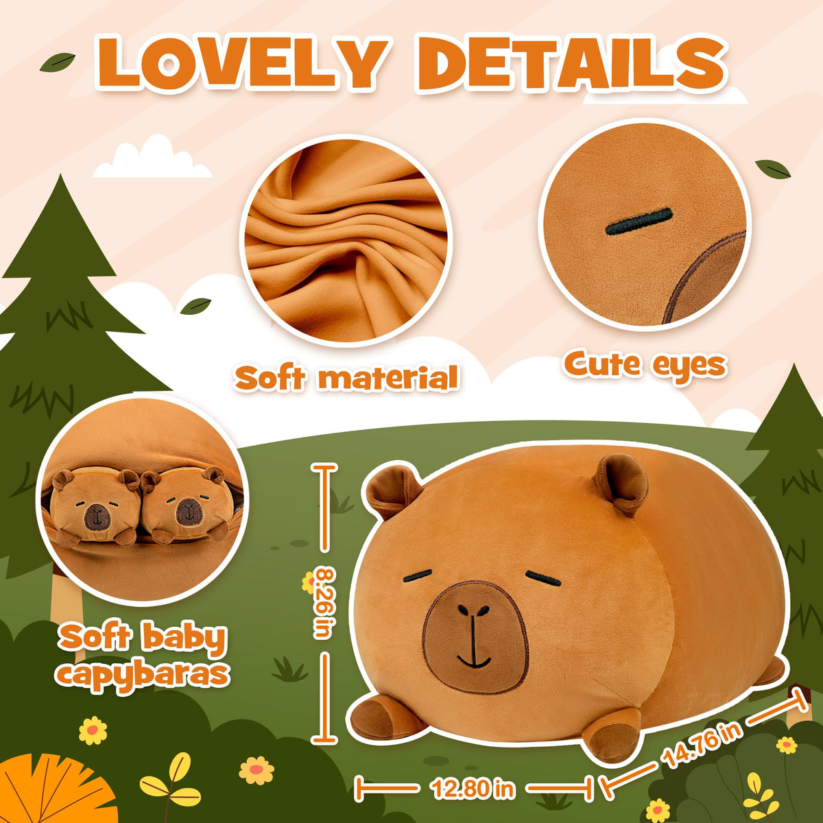 YIIQUWEN Capybara Plush Family Set — Soft Stuffed Animal Pillow Toy with 4 Baby Capybaras