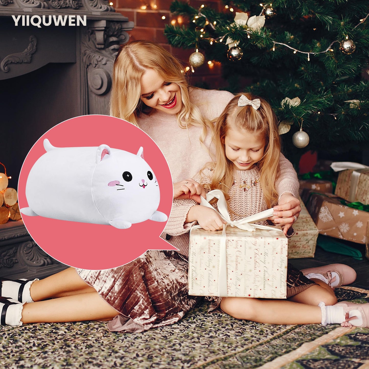 YIIQUWEN Cat Plush Family Set – Mother Cat with 4 Kittens, Soft Stuffed Animal Pillow