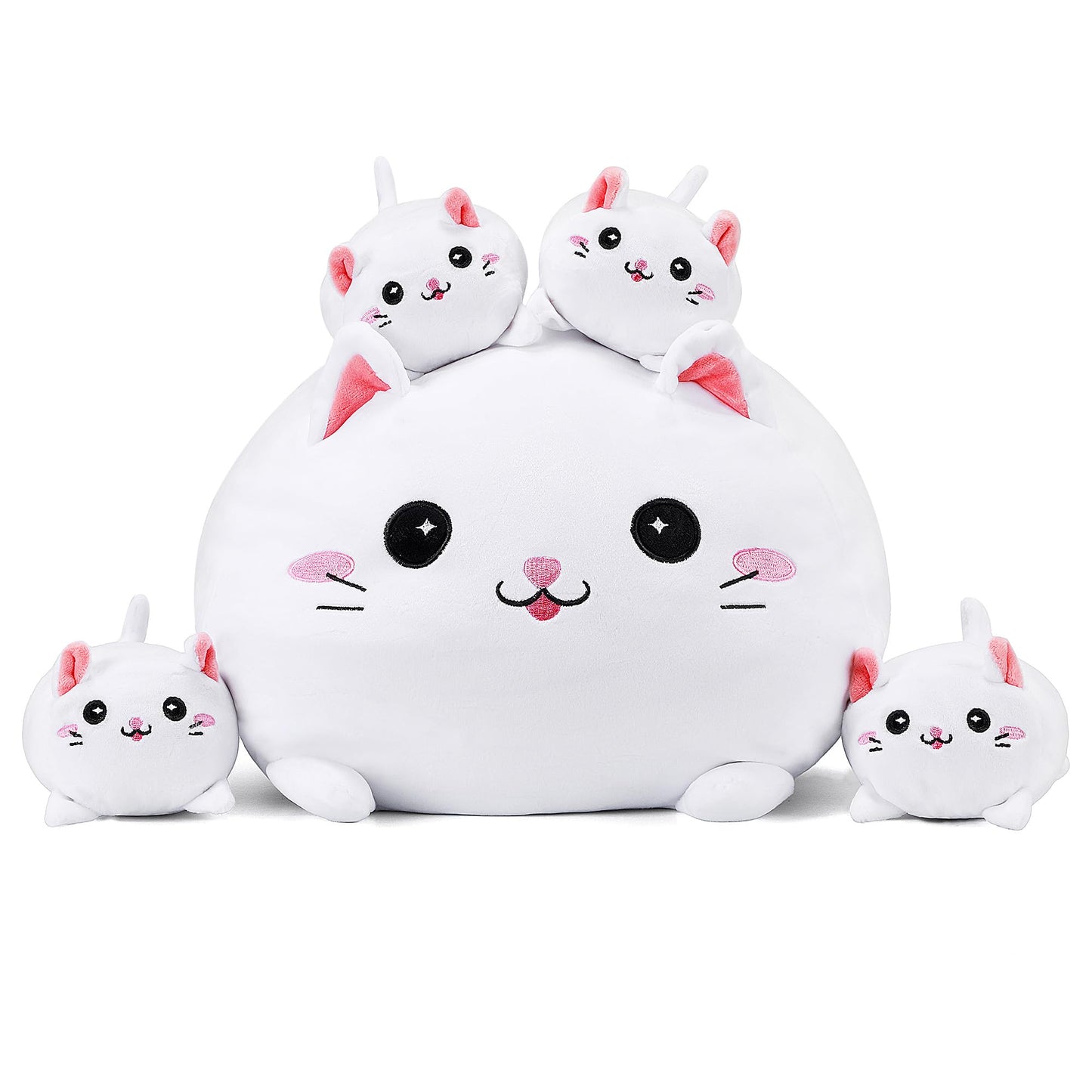 YIIQUWEN Cat Plush Family Set – Mother Cat with 4 Kittens, Soft Stuffed Animal Pillow
