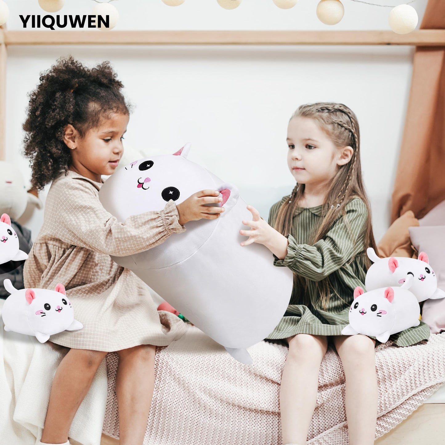 YIIQUWEN Cat Plush Family Set – Mother Cat with 4 Kittens, Soft Stuffed Animal Pillow