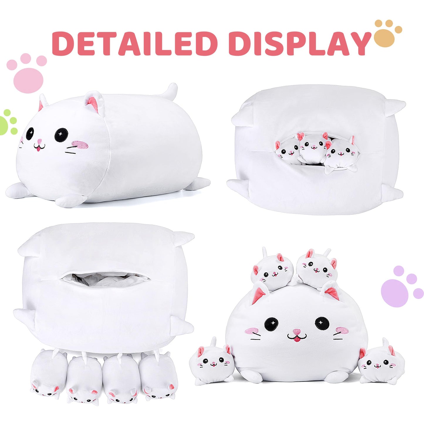 YIIQUWEN Cat Plush Family Set – Mother Cat with 4 Kittens, Soft Stuffed Animal Pillow