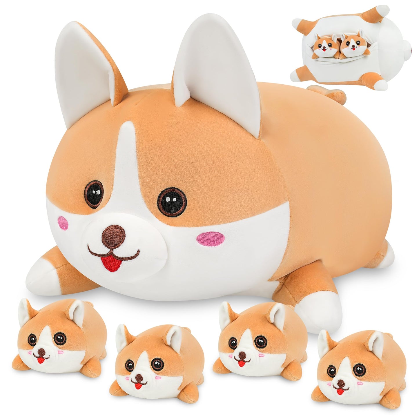 YIIQUWEN 17-inch Corgi Plush - 4-Puppy Family Set, Soft Stuffed Toy and Pillow