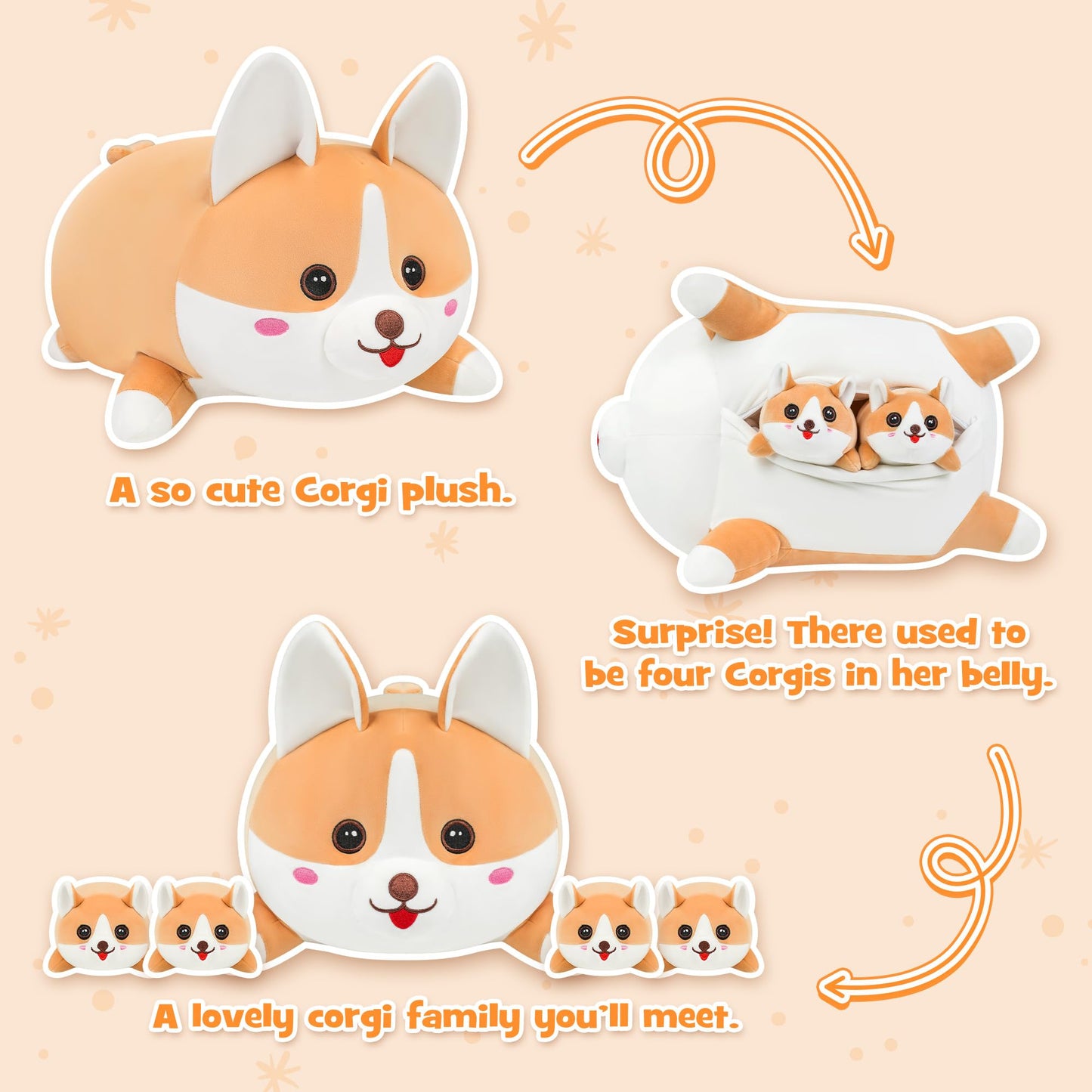 YIIQUWEN 17-inch Corgi Plush - 4-Puppy Family Set, Soft Stuffed Toy and Pillow