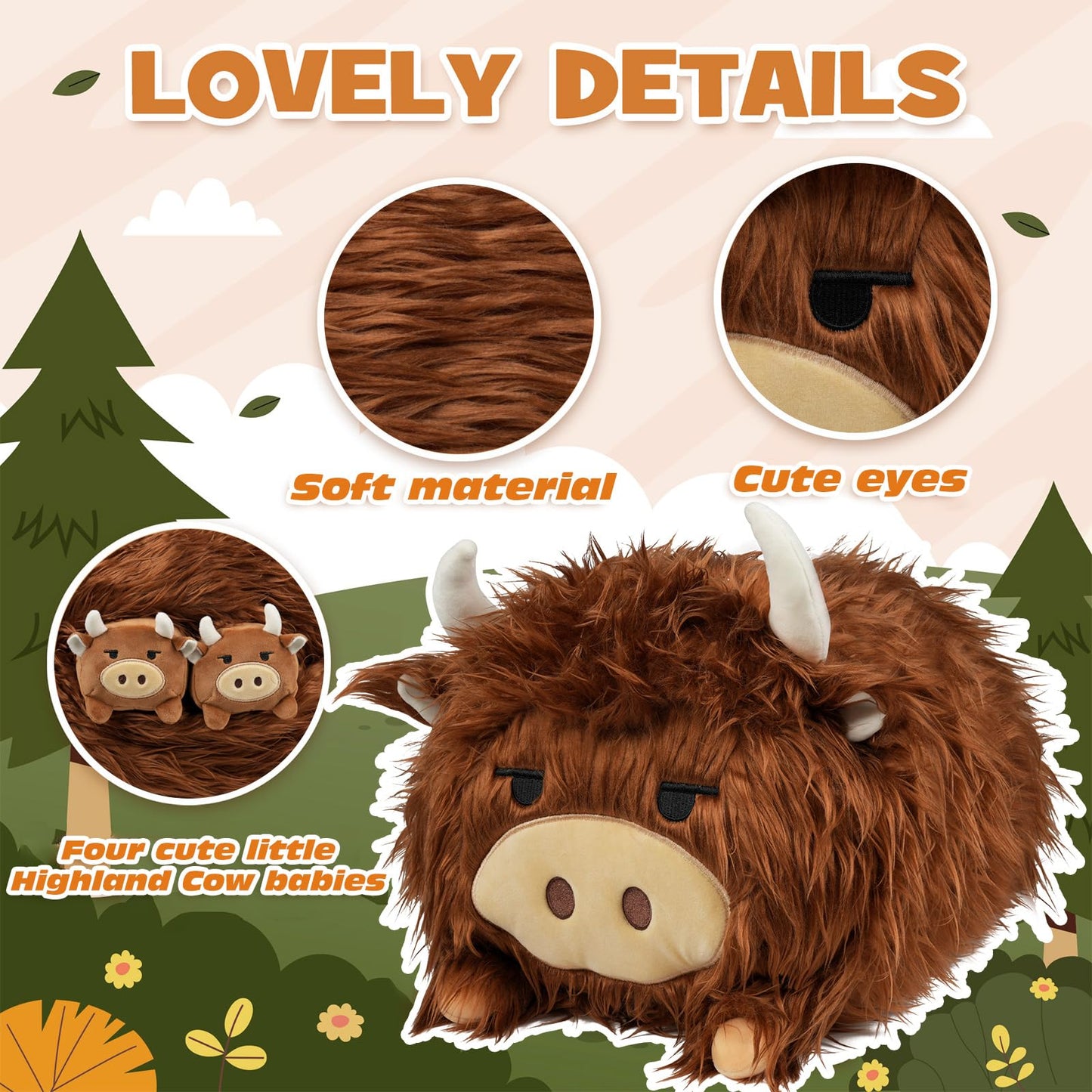 YIIQUWEN Highland Cow Mommy Plush Set with 4 Baby Calves – Soft Stuffed Animal & Plush Pillow