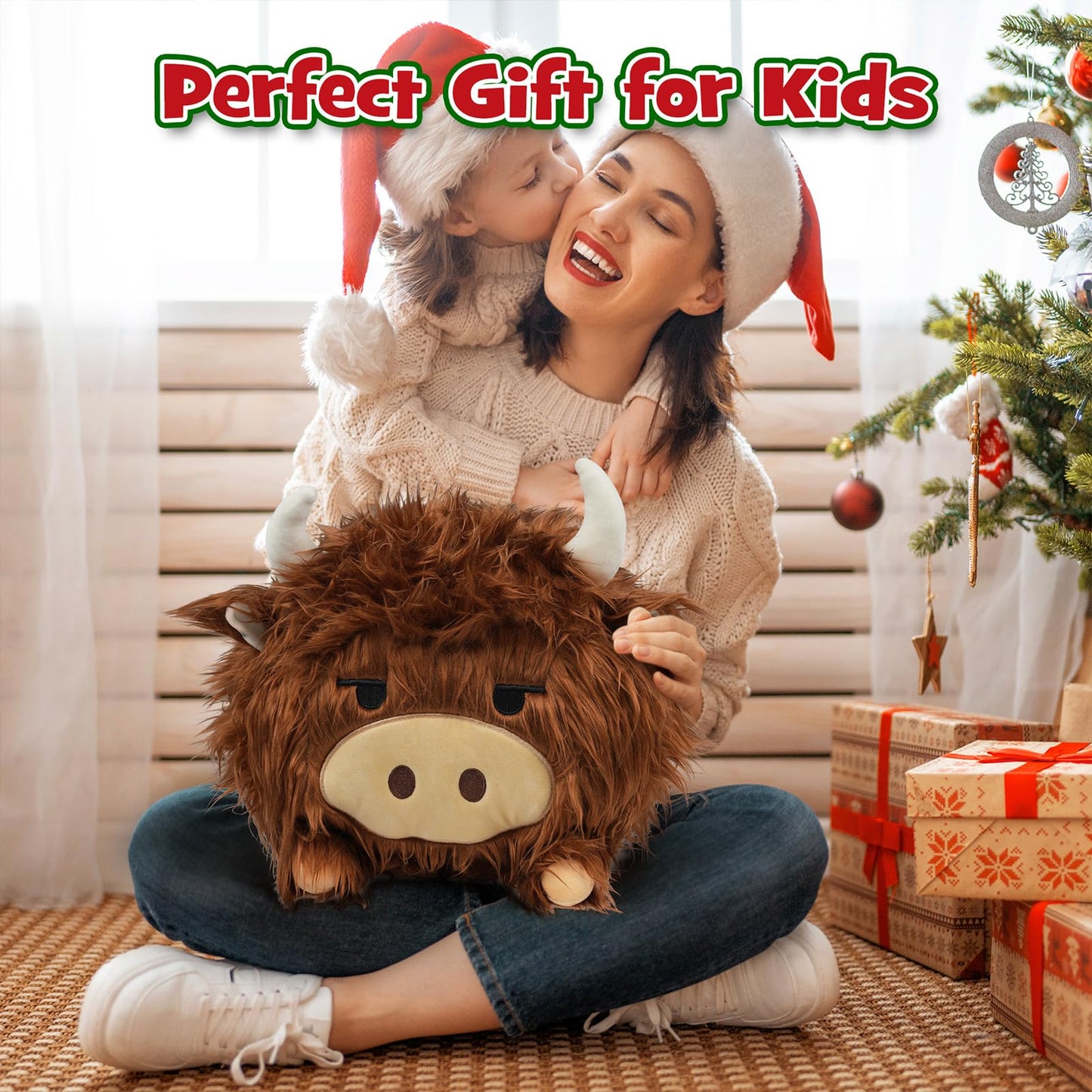 YIIQUWEN Highland Cow Mommy Plush Set with 4 Baby Calves – Soft Stuffed Animal & Plush Pillow