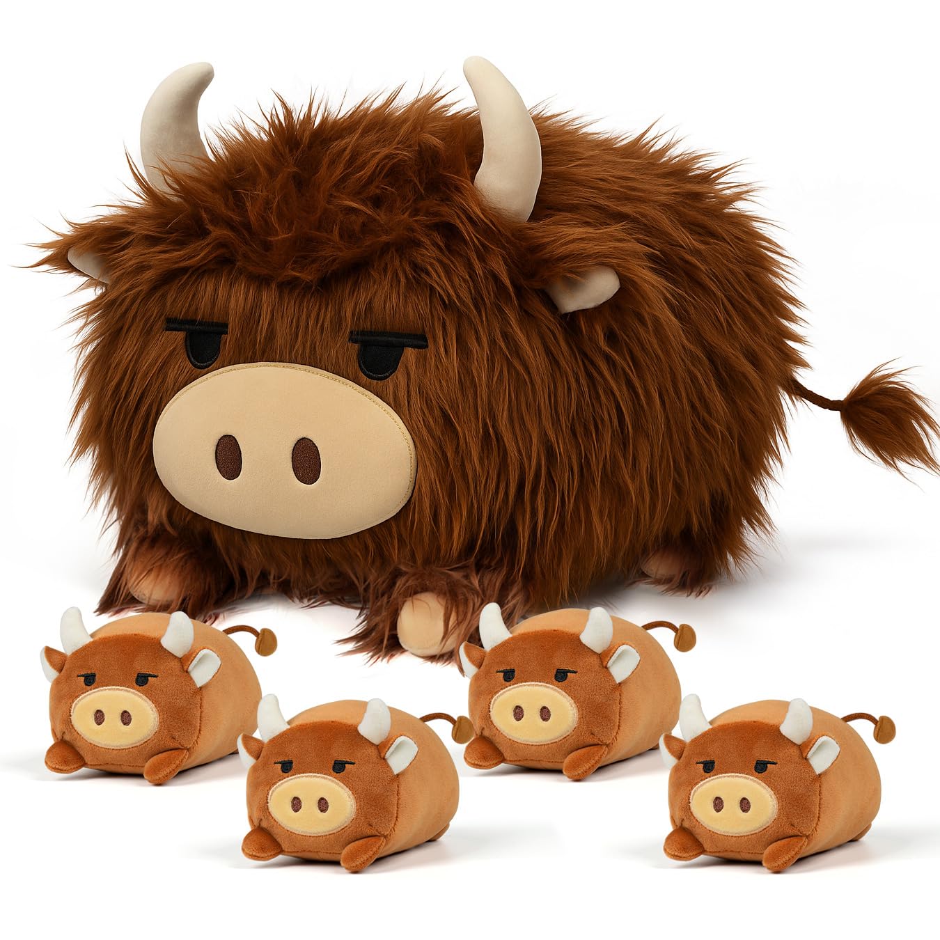 YIIQUWEN Highland Cow Mommy Plush Set with 4 Baby Calves – Soft Stuffed Animal & Plush Pillow