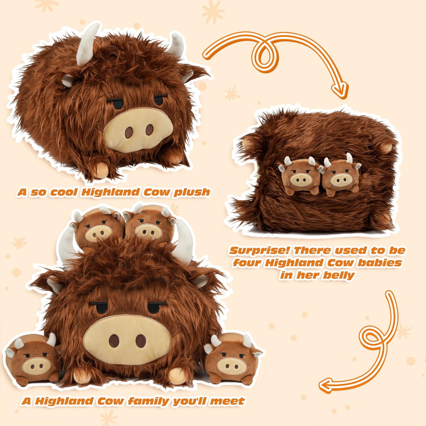 YIIQUWEN Highland Cow Mommy Plush Set with 4 Baby Calves – Soft Stuffed Animal & Plush Pillow