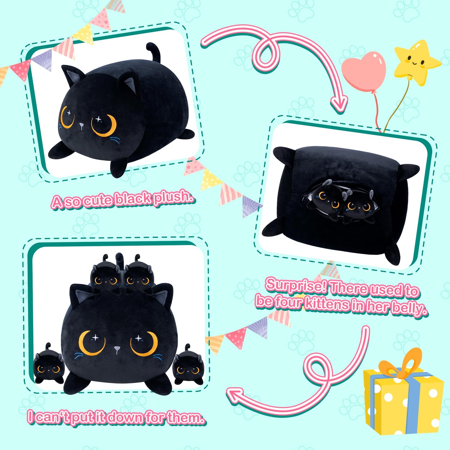 YIIQUWEN Black Cat Plush – Cat Family with Four Kittens, Gift for Kids