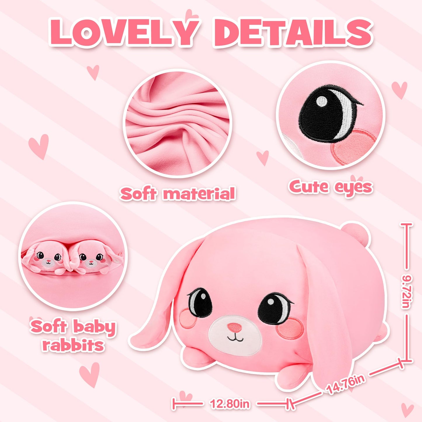 YIIQUWEN Pink Bunny Plush Set with 4 Baby Bunnies – Soft Stuffed Toy Pillow & Gift for Kids