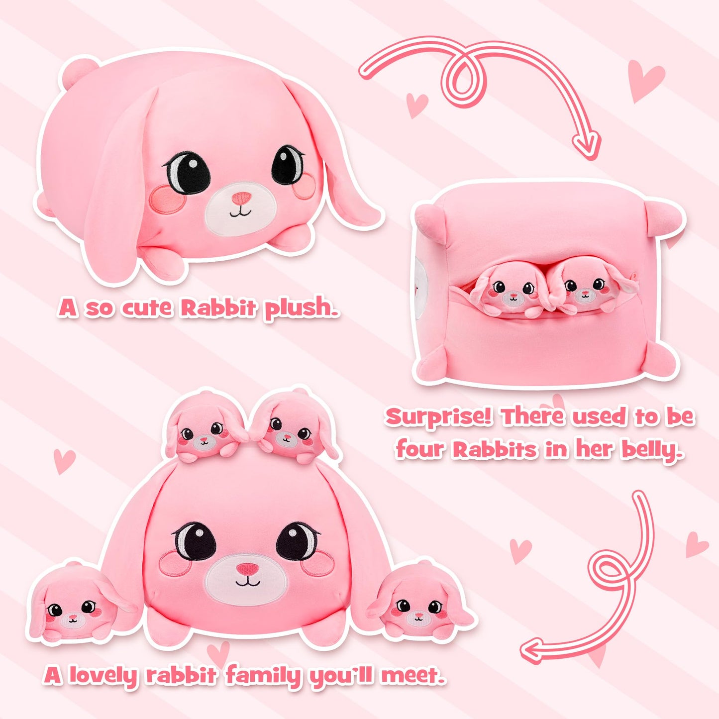 YIIQUWEN Pink Bunny Plush Set with 4 Baby Bunnies – Soft Stuffed Toy Pillow & Gift for Kids