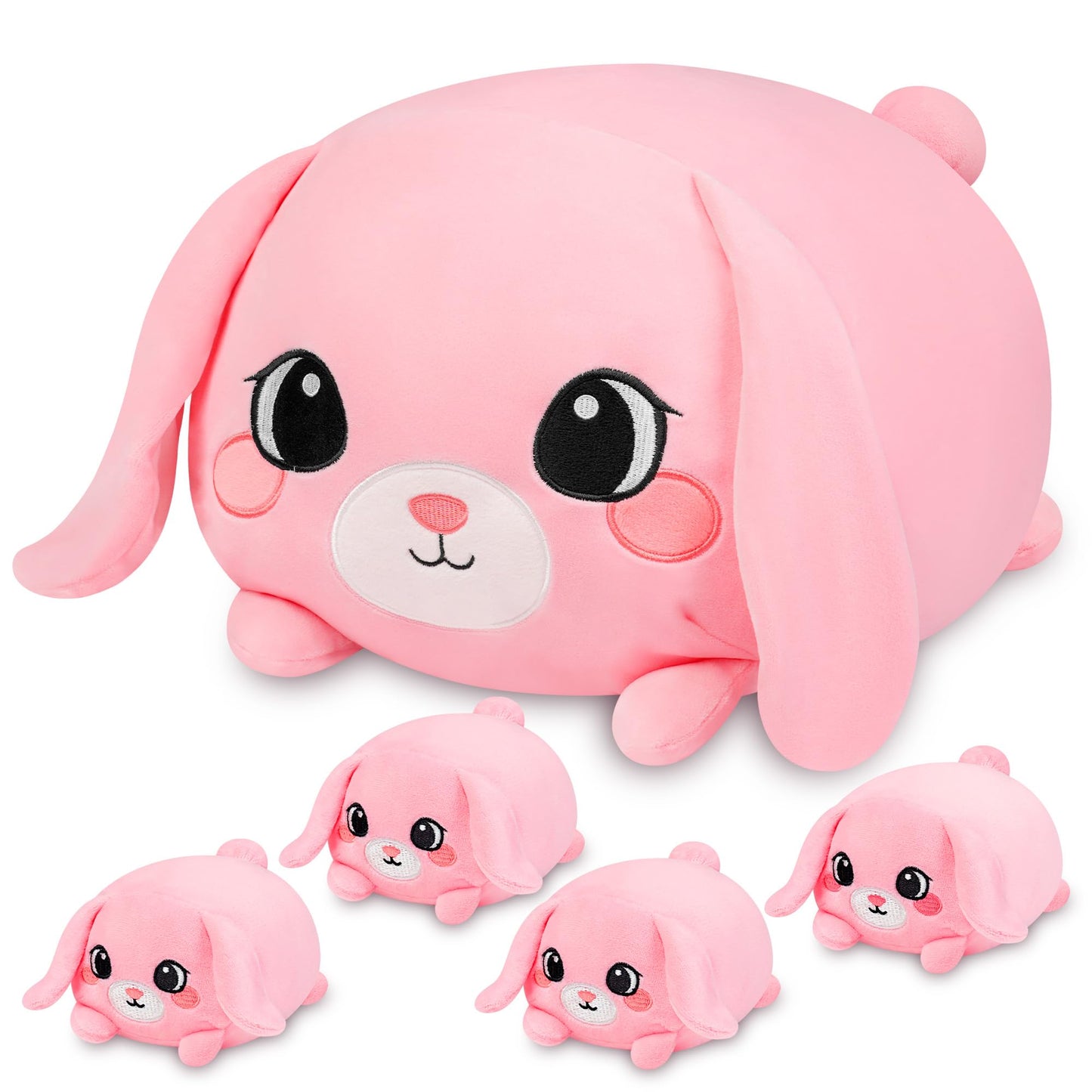 YIIQUWEN Pink Bunny Plush Set with 4 Baby Bunnies – Soft Stuffed Toy Pillow & Gift for Kids
