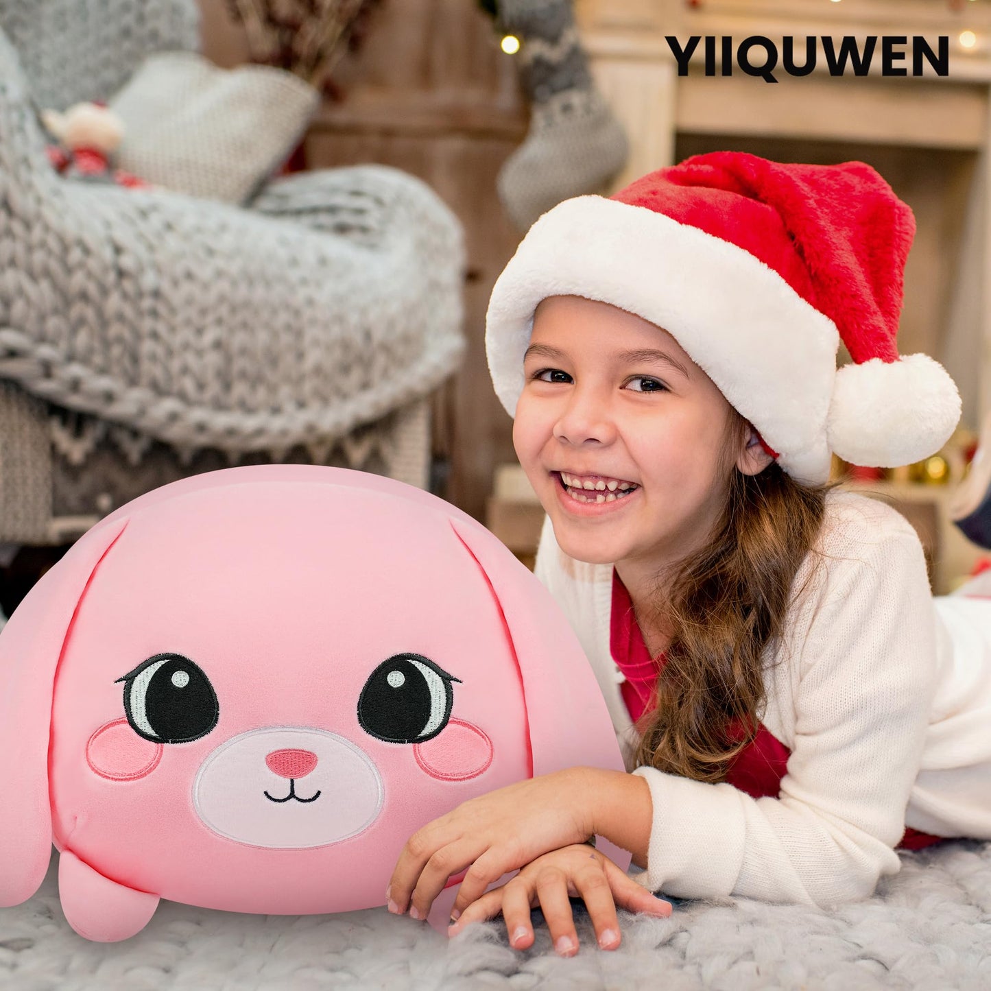 YIIQUWEN Pink Bunny Plush Set with 4 Baby Bunnies – Soft Stuffed Toy Pillow & Gift for Kids