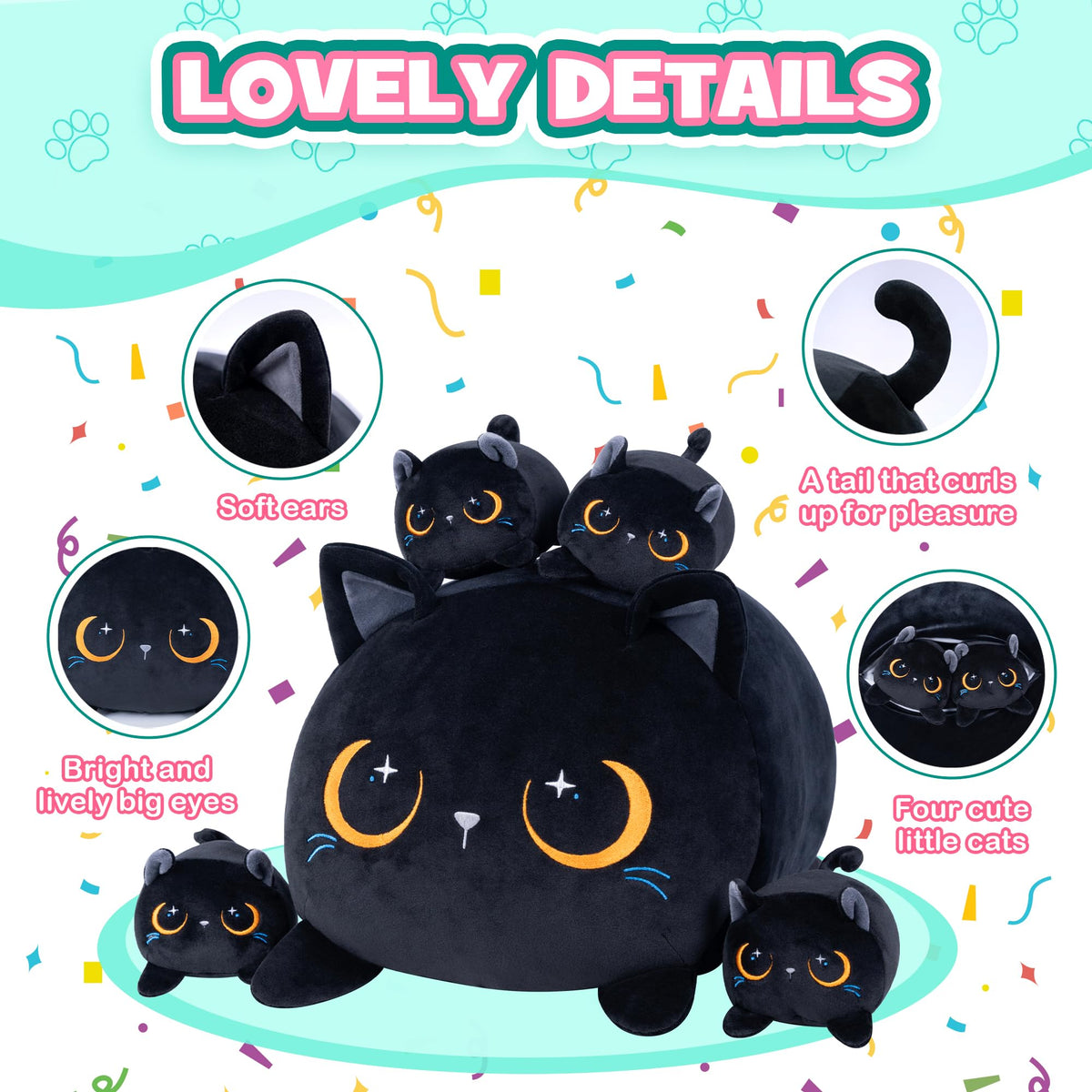 YIIQUWEN Black Cat Plush – Cat Family with Four Kittens, Gift for Kids