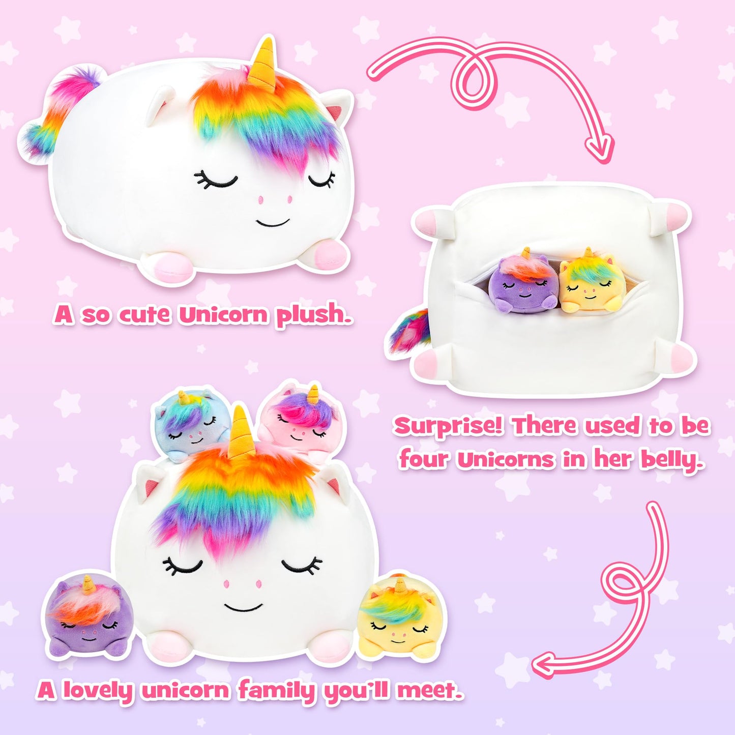 YIIQUWEN Unicorn Plush Set - 4 Baby Unicorns in One Soft Plush Pillow