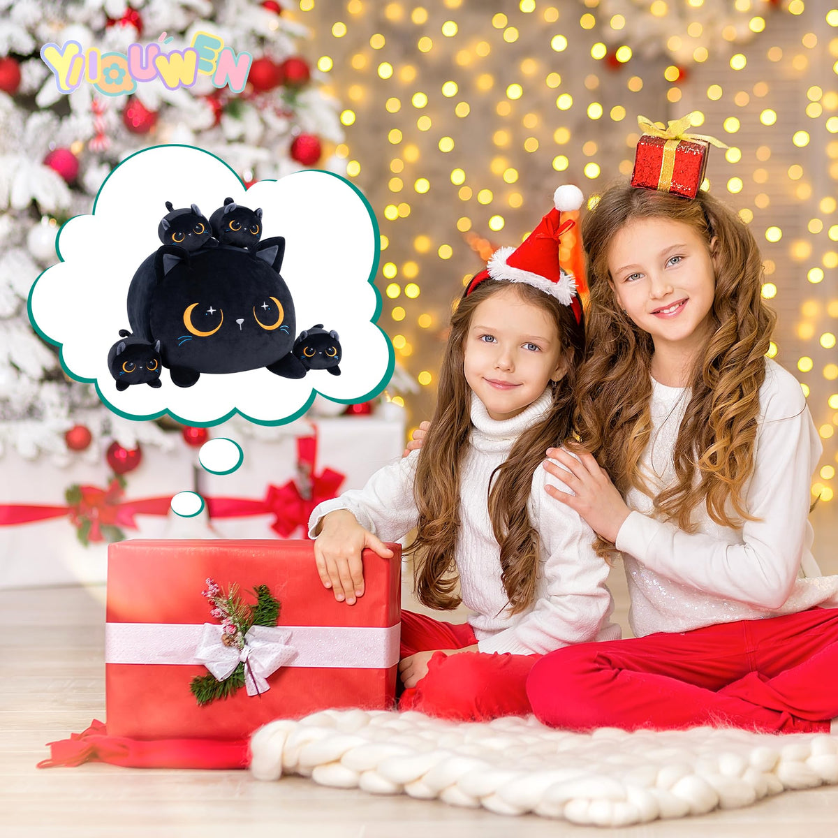 YIIQUWEN Black Cat Plush – Cat Family with Four Kittens, Gift for Kids