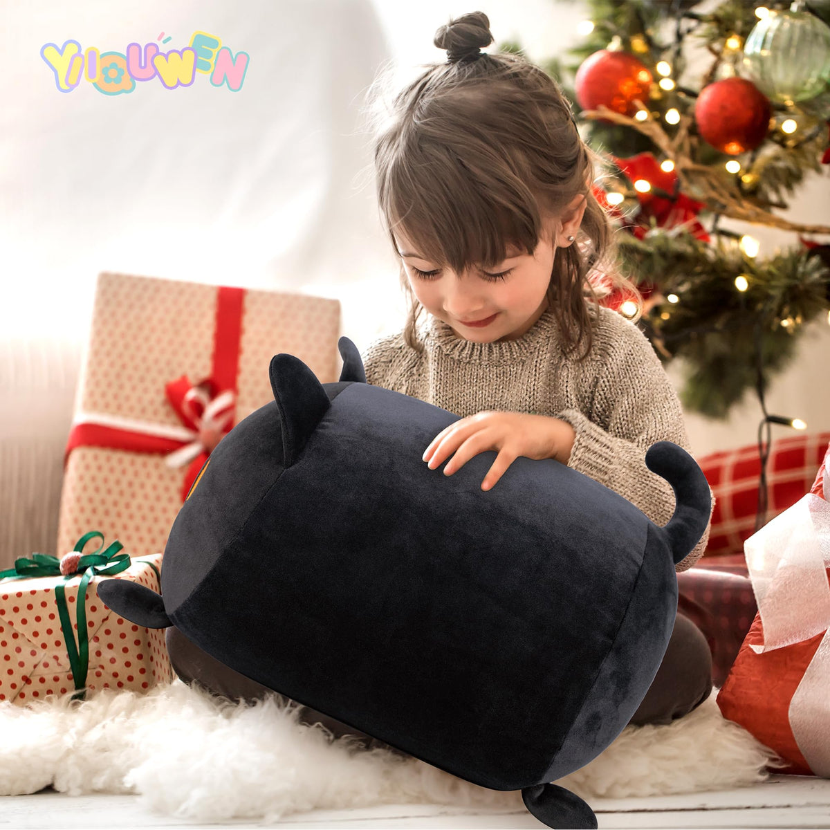 YIIQUWEN Black Cat Plush – Cat Family with Four Kittens, Gift for Kids