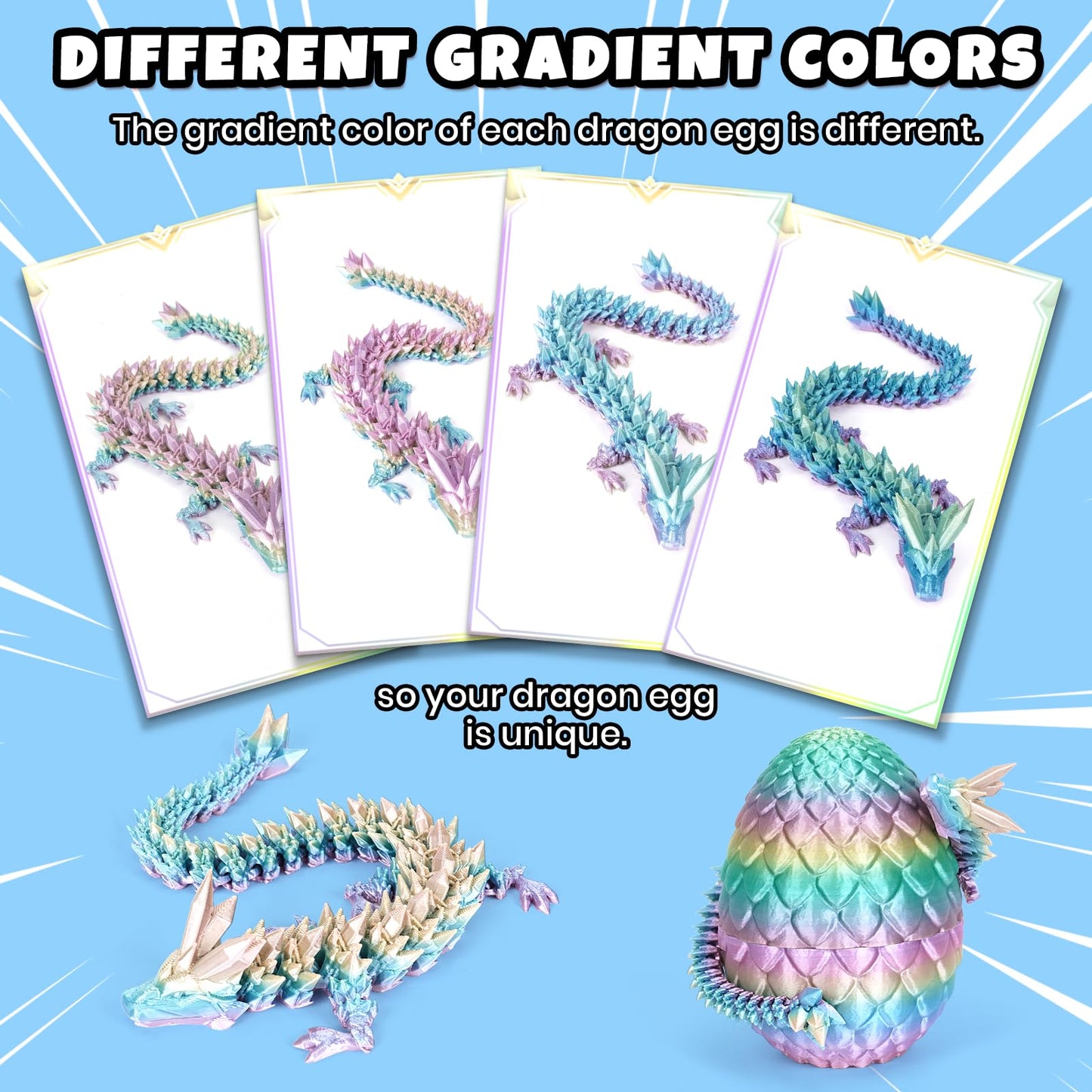 YILCER 12-Inch 3D Printed Dragon: Upgraded Fall-Proof Dragon Egg & Eco-Friendly Fidget Toy (Rainbow)