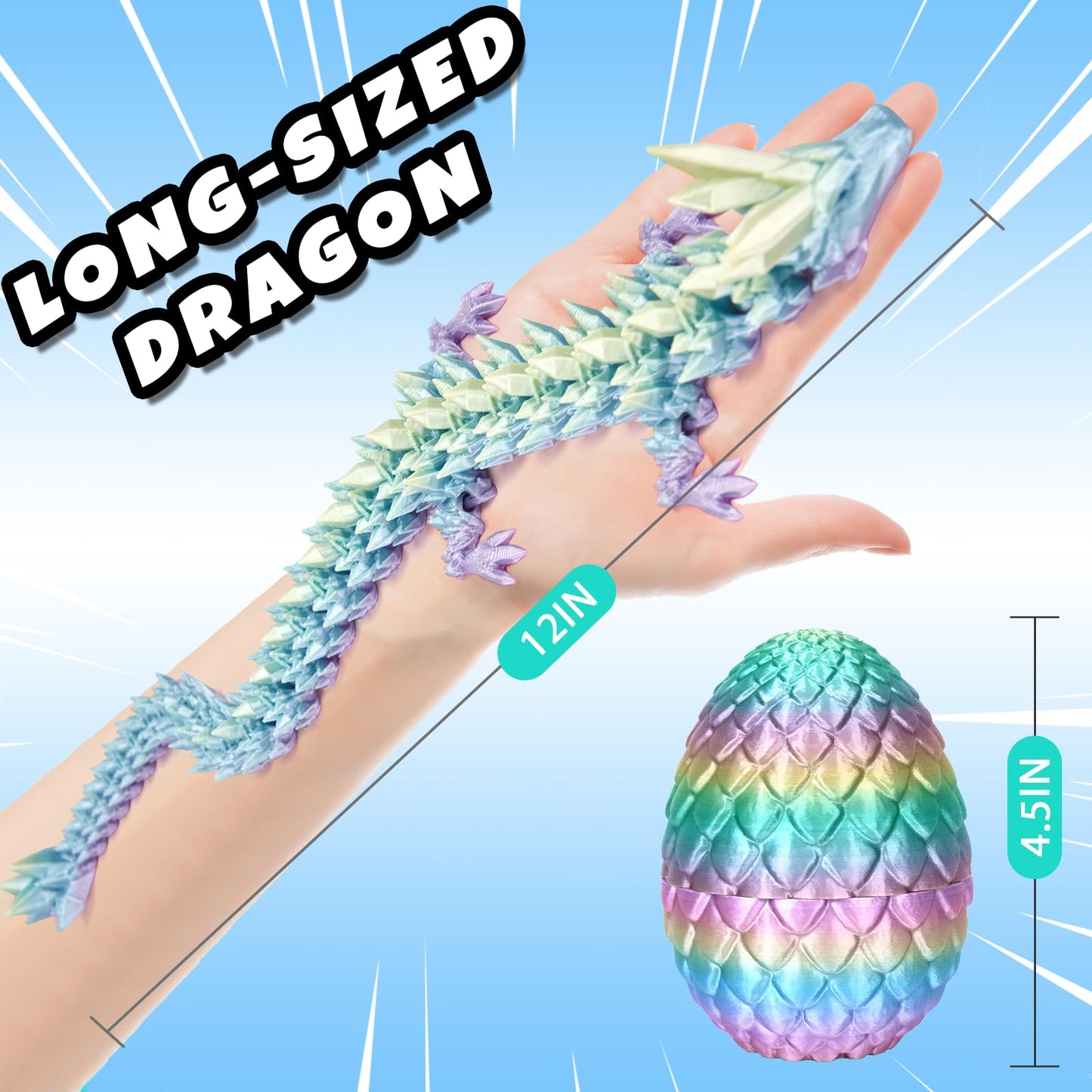 YILCER 12-Inch 3D Printed Dragon: Upgraded Fall-Proof Dragon Egg & Eco-Friendly Fidget Toy (Rainbow)