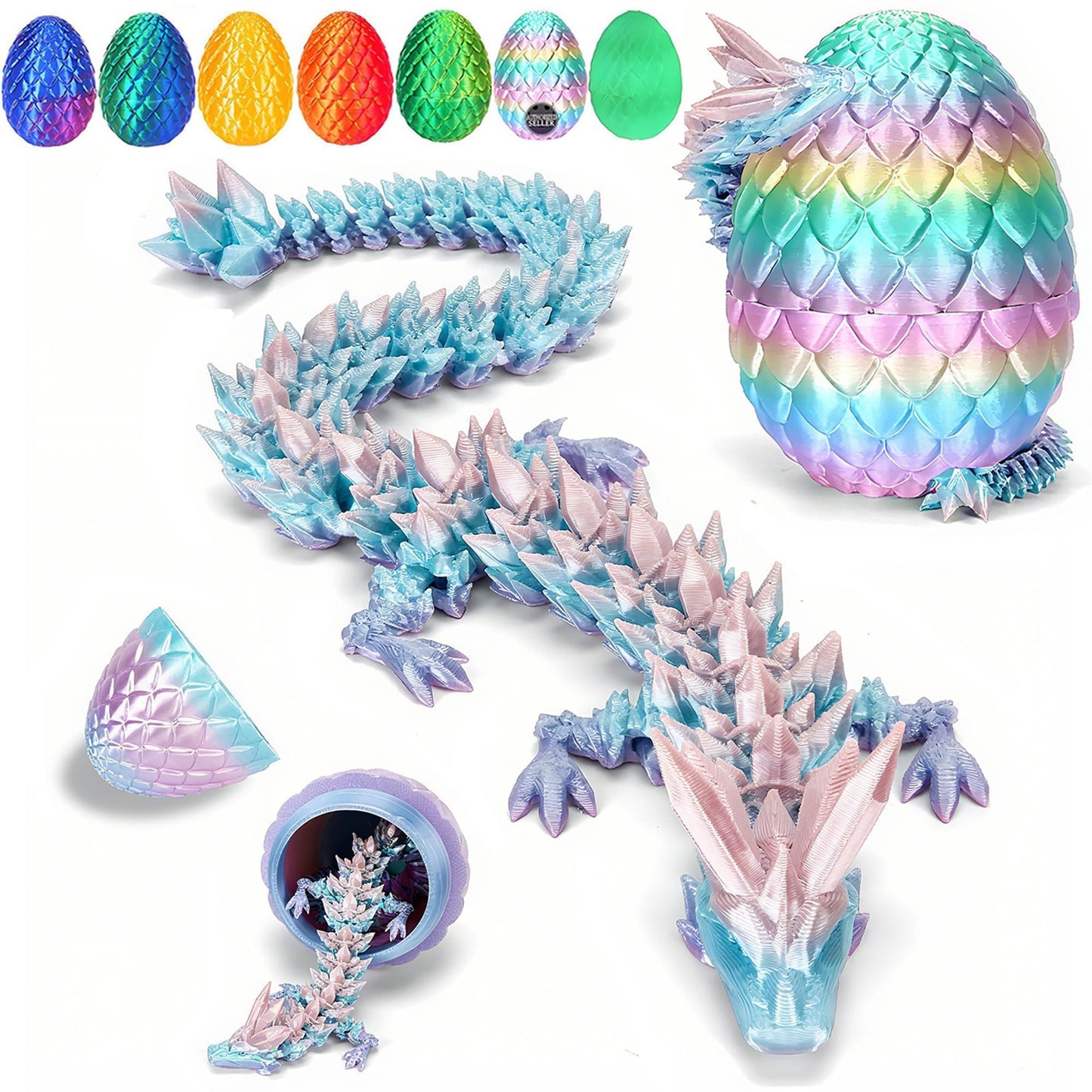 YILCER 12-Inch 3D Printed Dragon: Upgraded Fall-Proof Dragon Egg & Eco-Friendly Fidget Toy (Rainbow)