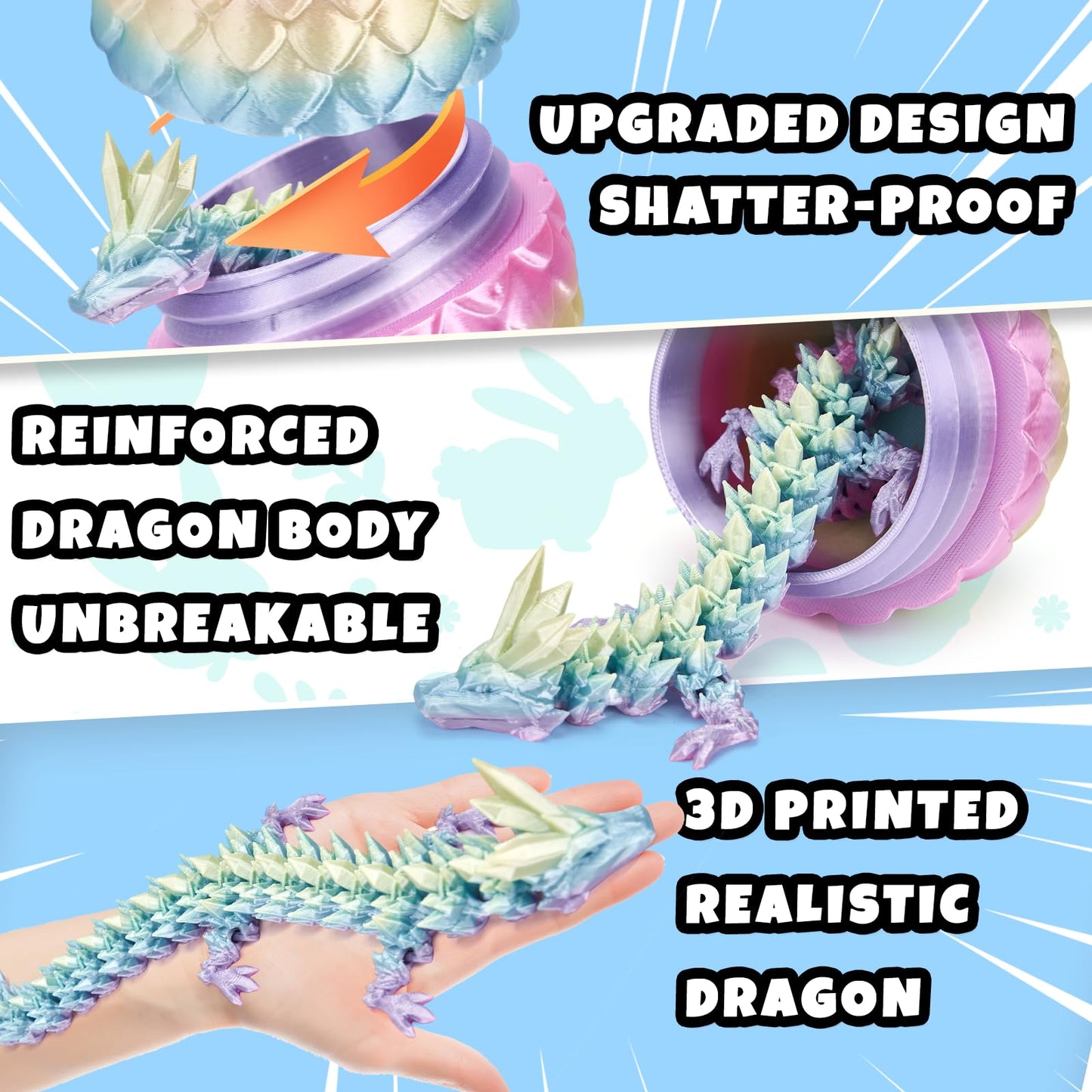YILCER 12-Inch 3D Printed Dragon: Upgraded Fall-Proof Dragon Egg & Eco-Friendly Fidget Toy (Rainbow)