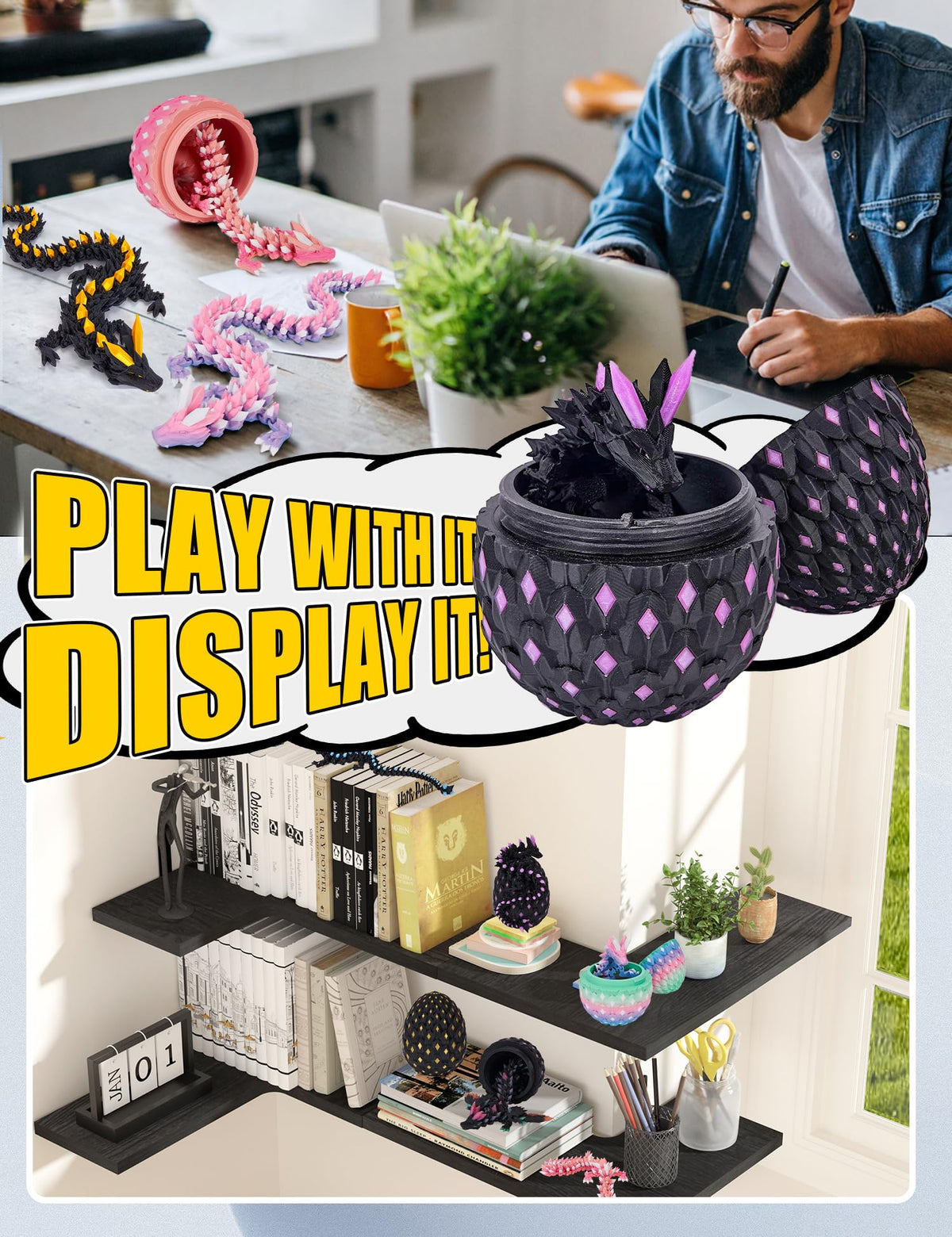 YILCER 3D Printed Dragon Eggs: Glow-in-the-Dark Prefilled Easter Eggs & Dragon Toy for Basket Fillers