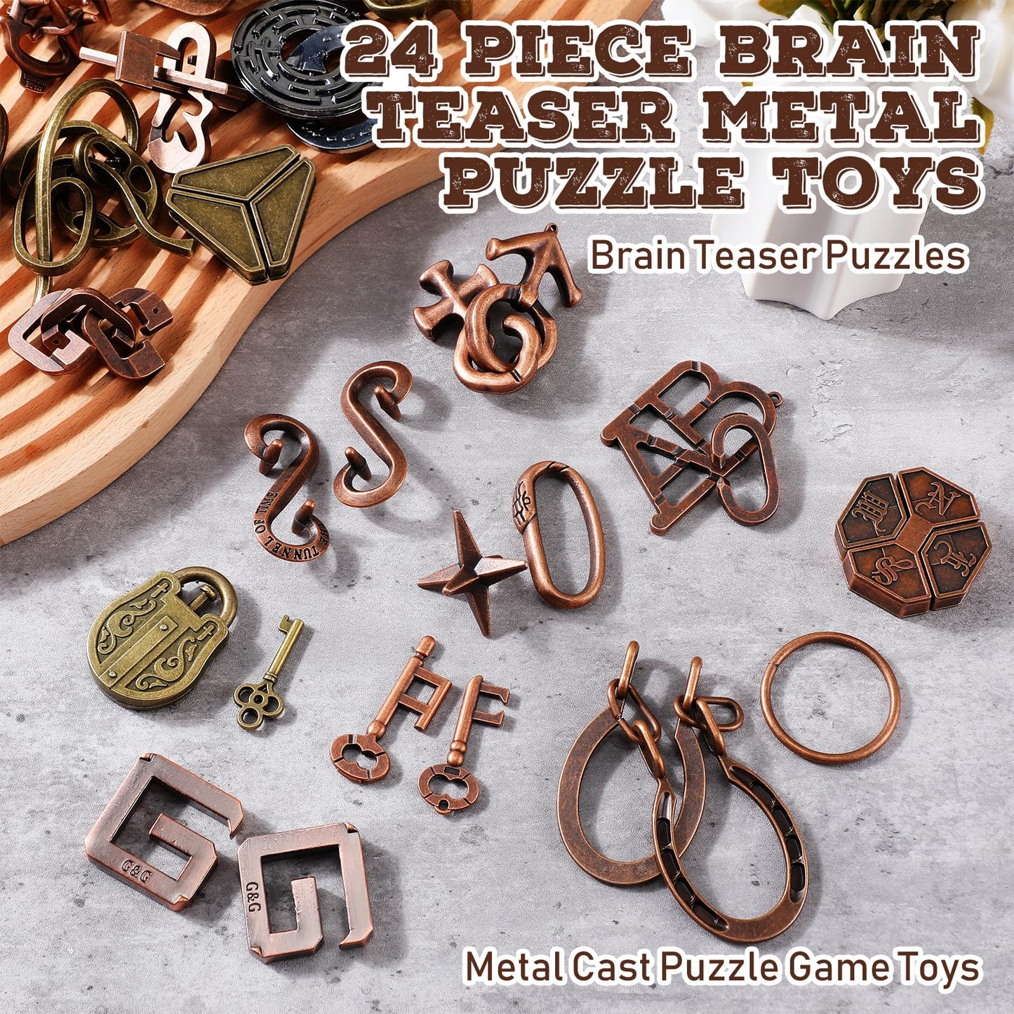 Yilloog 24-Pcs Metal Brain Teaser Puzzles – Difficult Logic & IQ Challenges for Adults