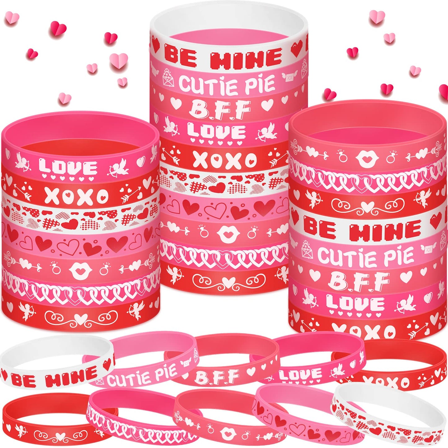 Yilloog 60-Pack Valentine’s Day Silicone Bracelets for Kids — Colorful Heart Wristbands for Gifts, Classrooms, and Parties