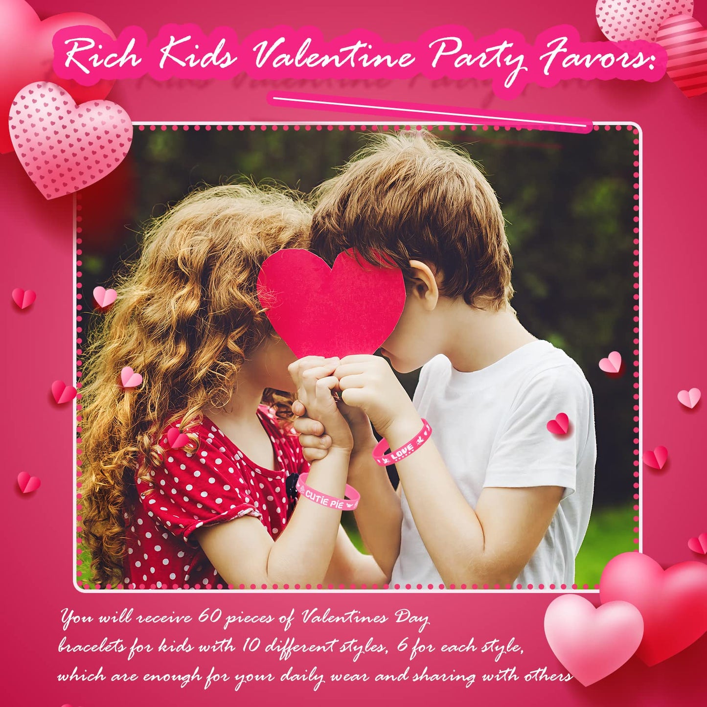 Yilloog 60-Pack Valentine’s Day Silicone Bracelets for Kids — Colorful Heart Wristbands for Gifts, Classrooms, and Parties