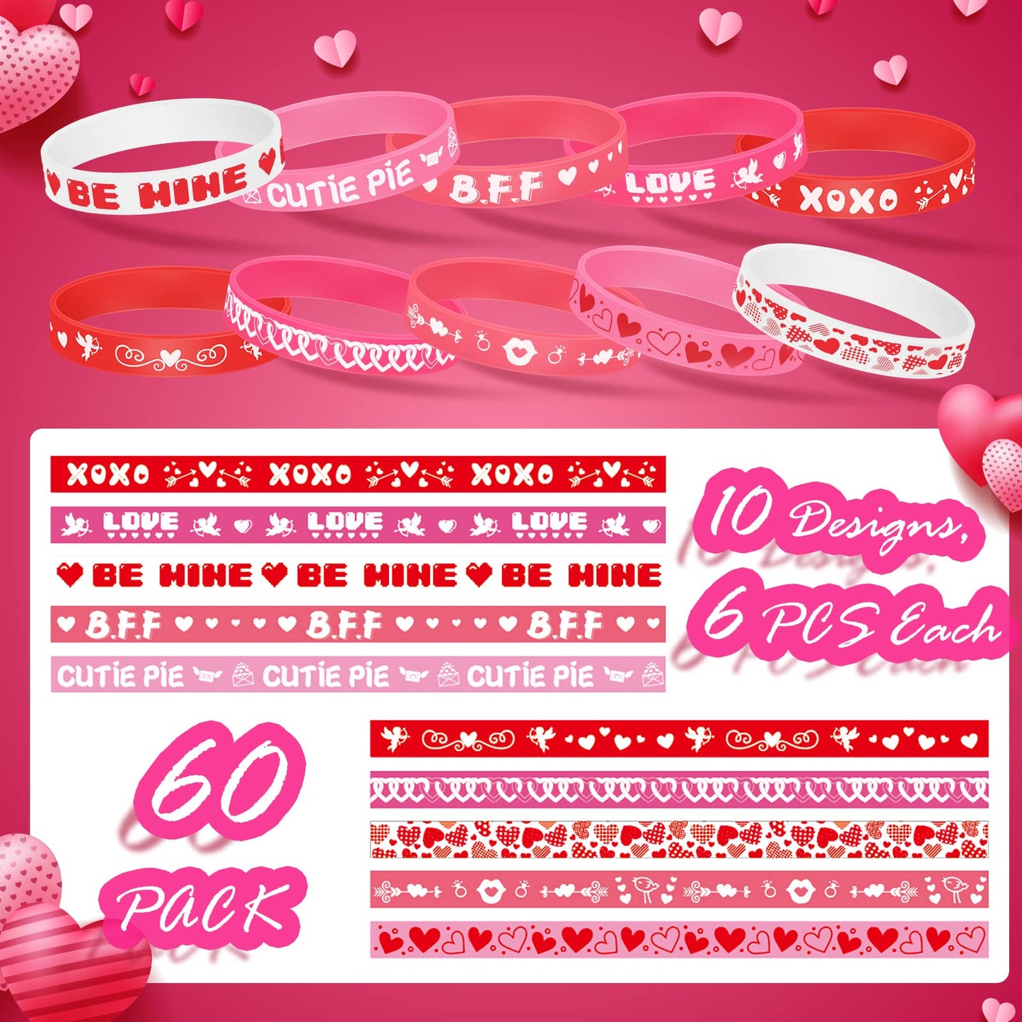 Yilloog 60-Pack Valentine’s Day Silicone Bracelets for Kids — Colorful Heart Wristbands for Gifts, Classrooms, and Parties