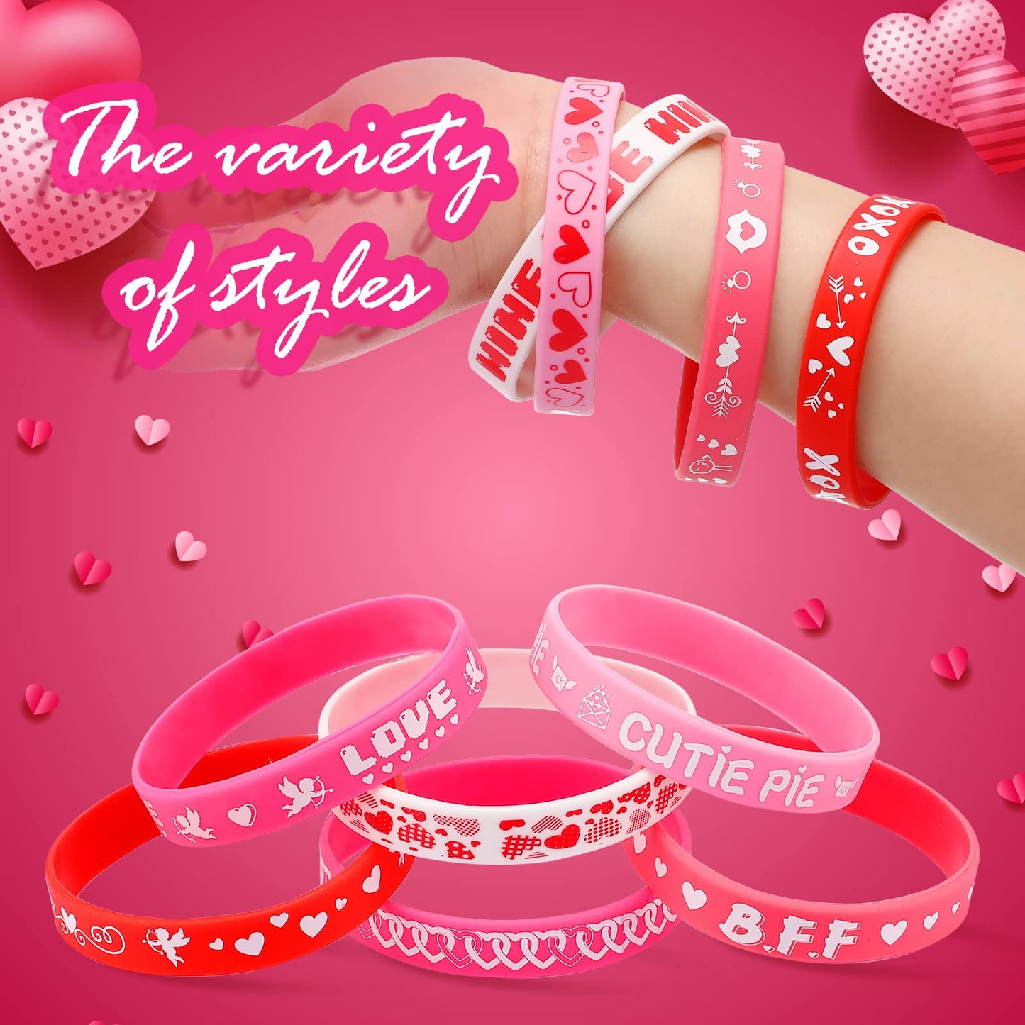 Yilloog 60-Pack Valentine’s Day Silicone Bracelets for Kids — Colorful Heart Wristbands for Gifts, Classrooms, and Parties