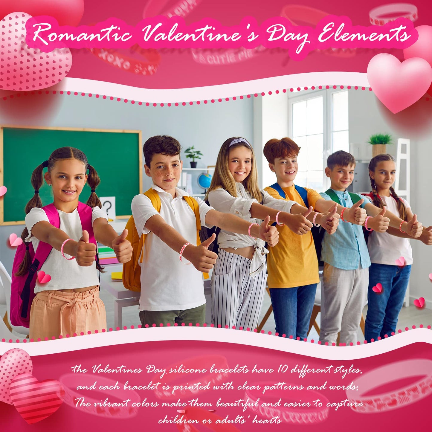Yilloog 60-Pack Valentine’s Day Silicone Bracelets for Kids — Colorful Heart Wristbands for Gifts, Classrooms, and Parties