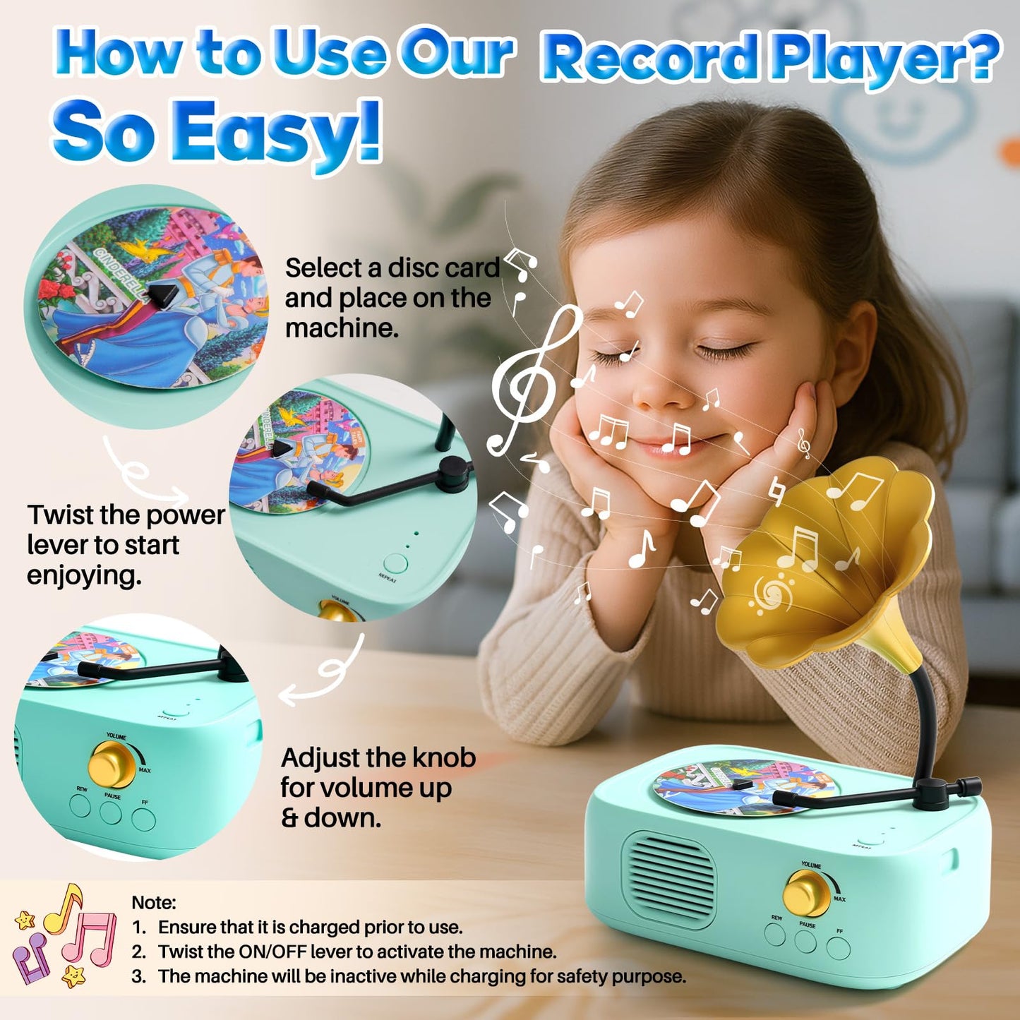 Yimido Kids Phonograph Toddler Record Player with 96 Learning Cards